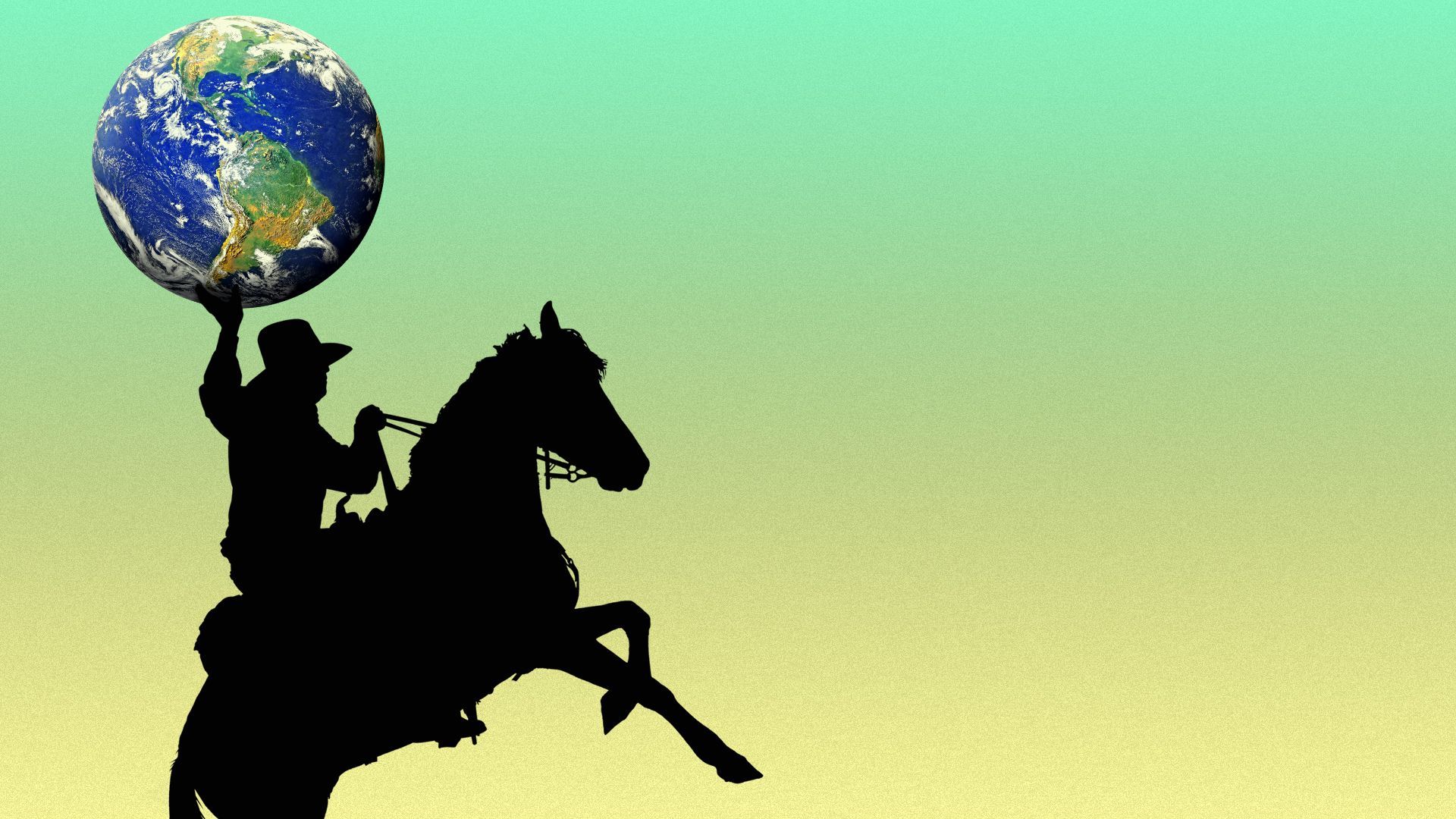 Illustration of a cowboy on horseback in silhouette holding the earth