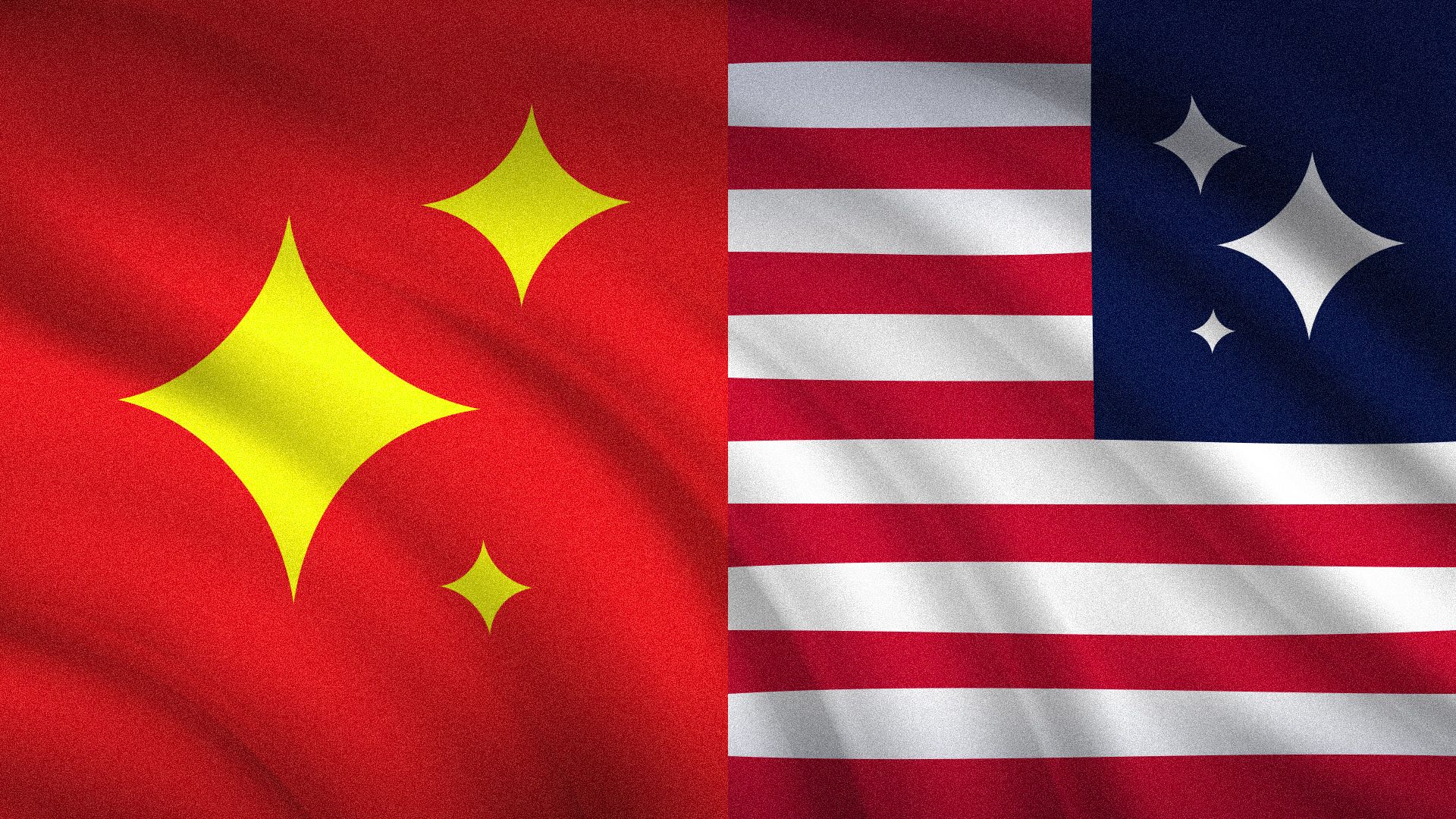 Illustration of the flags of China and United States facing each other with an AI sparkle in place of the stars
