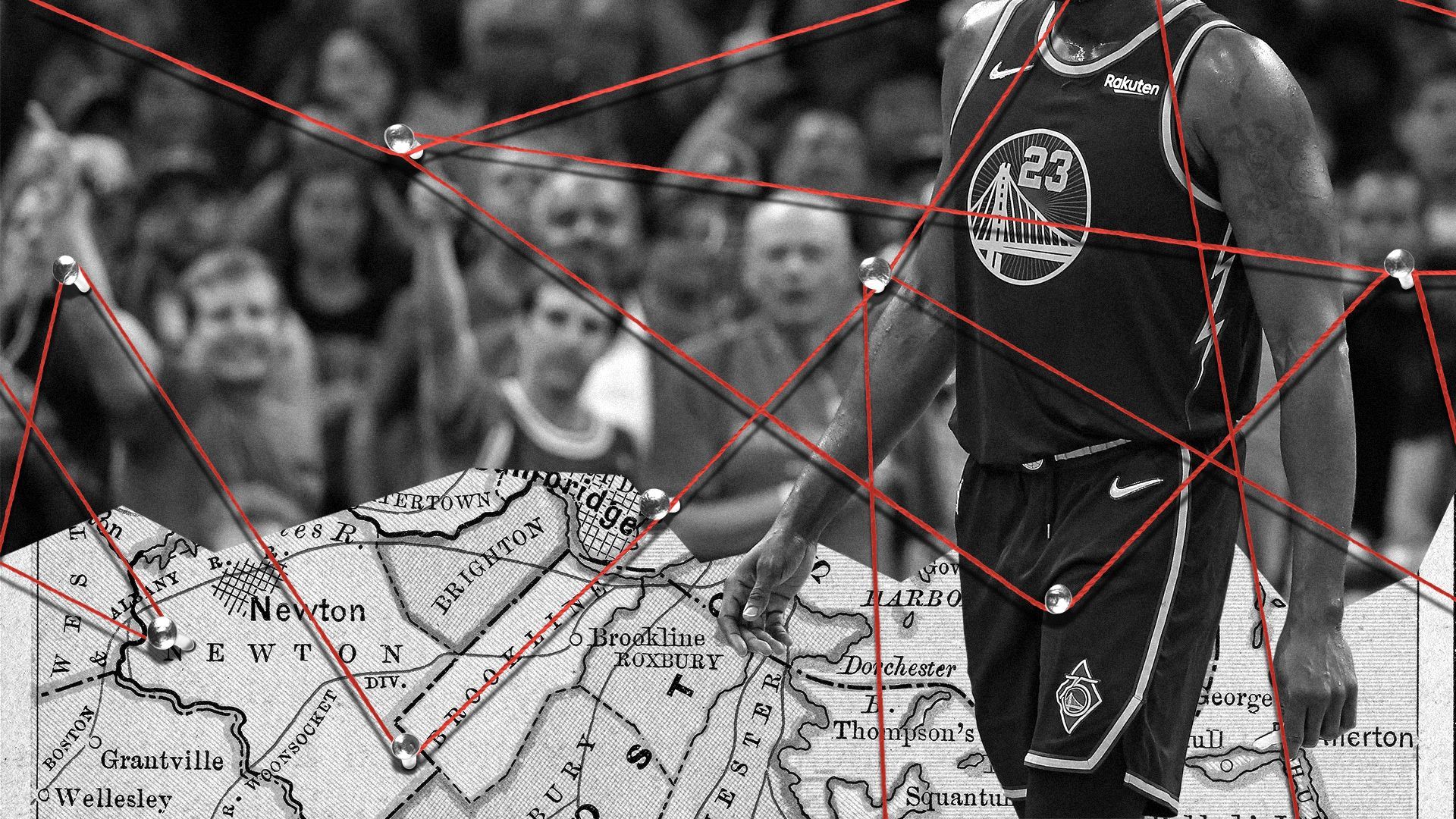 Photo illustration of Draymond Green and Boston Celtics fans overlaid with strings, pins, and a map of Boston.