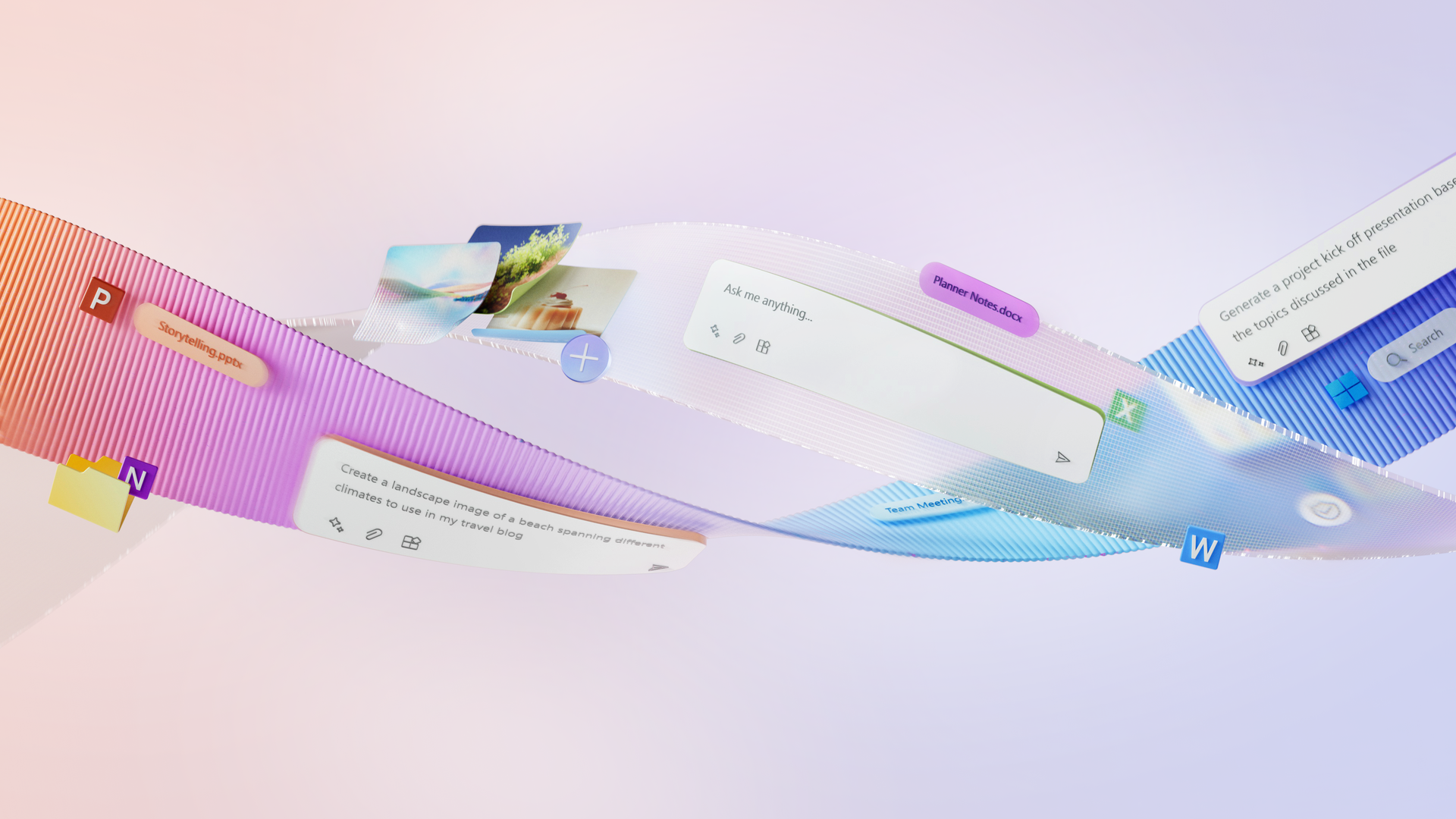 An illustration with various Copilot screenshots twisted into a ribbon