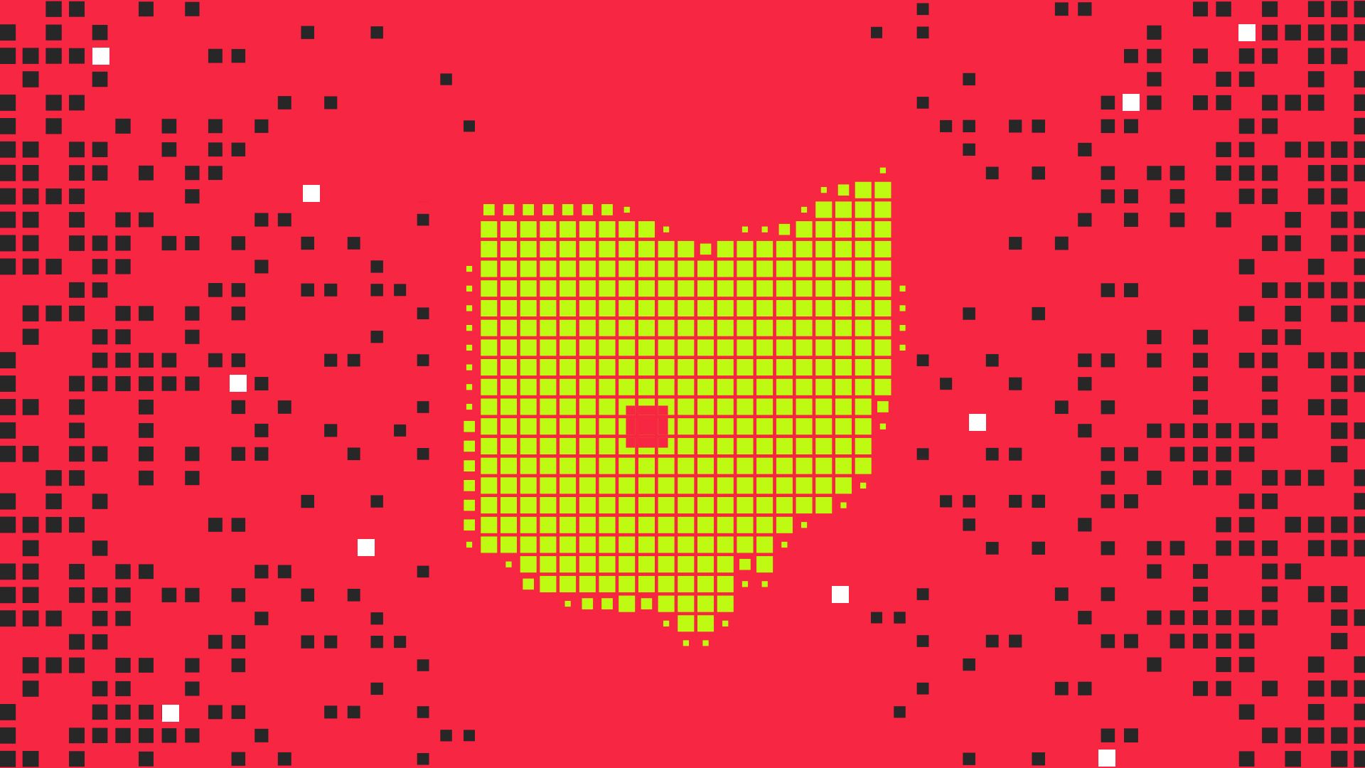 Illustration of the state of Ohio done in 8bit, with Columbus highlighted, on a background being attacked by pixel elements on either side.