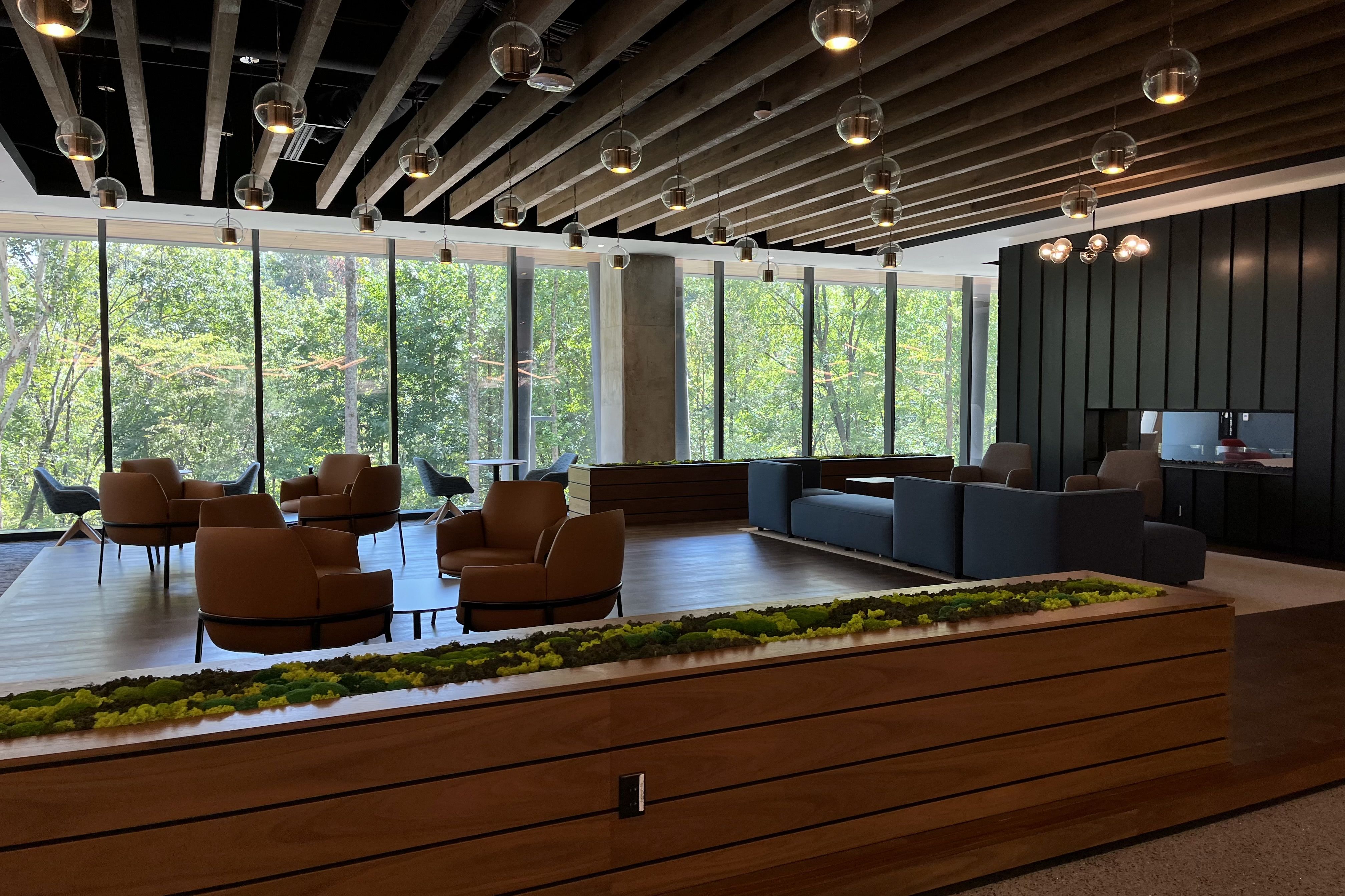 Modern lounge with large glass windows showing green trees outside, brown and blue chairs, hanging globe lights, wooden ceiling beams, and a wooden planter with green moss.