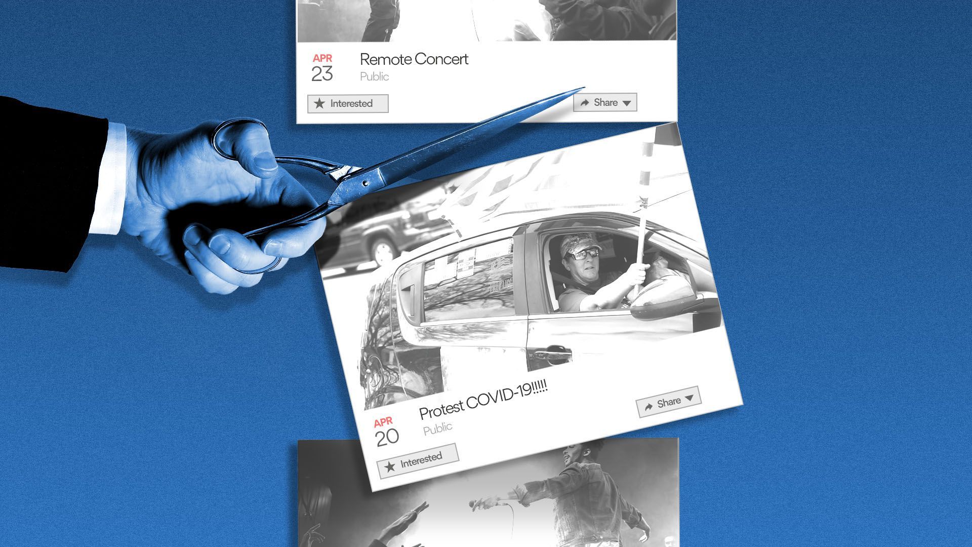 Photo illustration of a hand with a scissors cutting a protest event from a facebook timeline