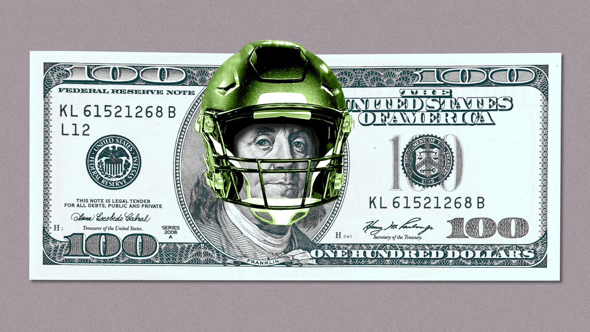 Photo illustration of a hundred-dollar bill with Ben Franklin wearing a football helmet.