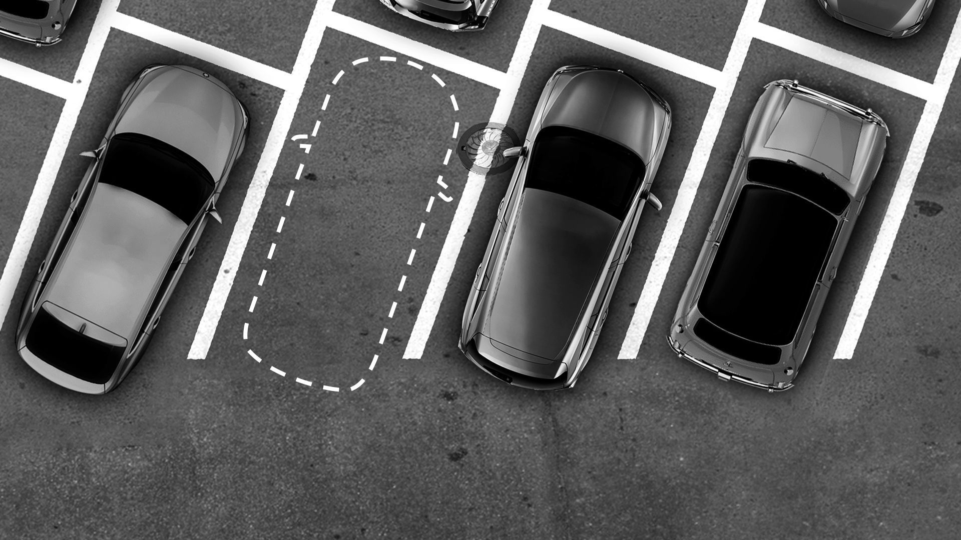 Illustration of a parking lot with a car-shaped dotted line.