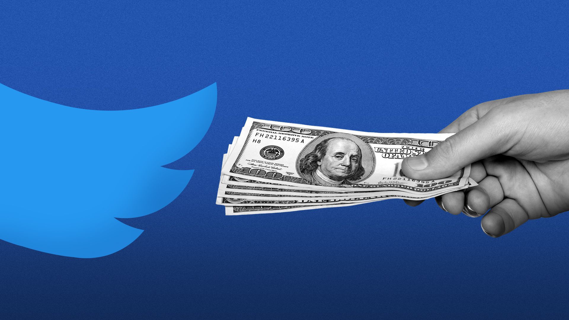 Illustration of a hand giving money to the Twitter bird logo.