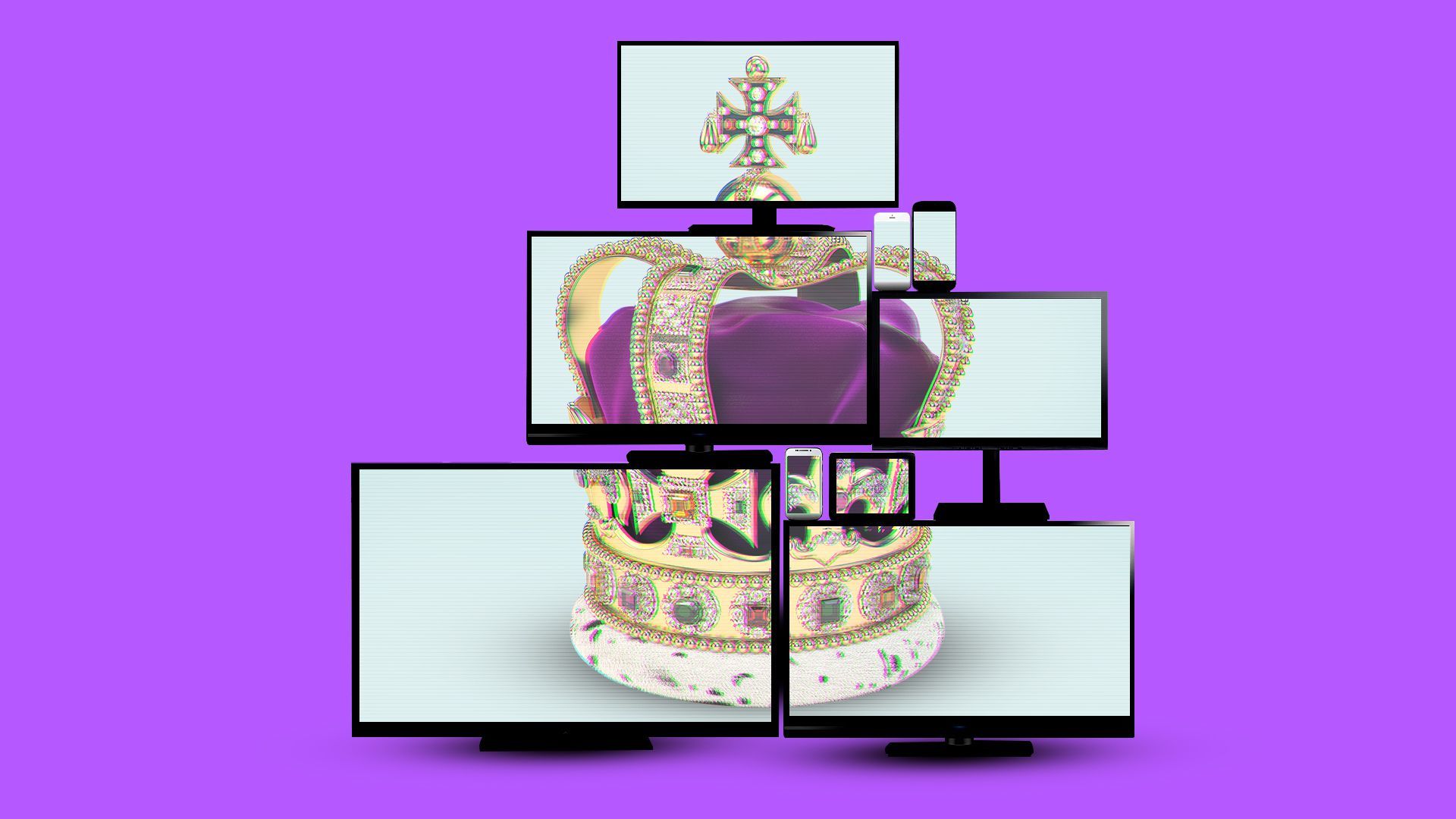 Illustration of a stack of television, cell phone, and tablet screens showing a giant crown. 