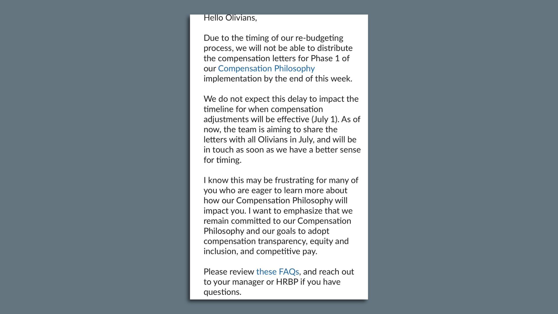 Olive memo saying compensation letters would be delayed due to rebudgeting