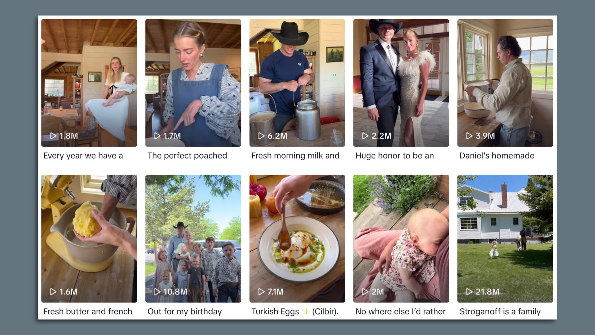 Thumbnails from a the TikTok account of "tradwife" Hannah Neeleman, aka "Ballerina Farm."