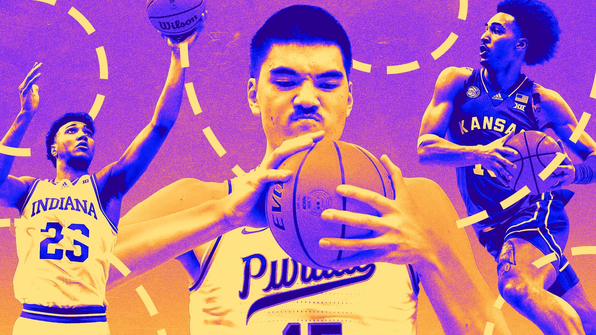 Photo illustration of Zach Edey, Trayce Jackson-Davis and Jalen Wilson.