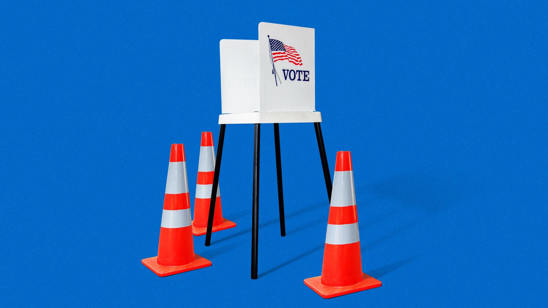 Illustration of a voting booth on a blue background surrounded by safety cones.