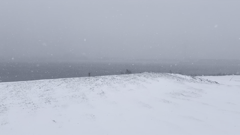 Snow falls on a white grassy area in front of the Mississippi River, but not much is visible through the grey.