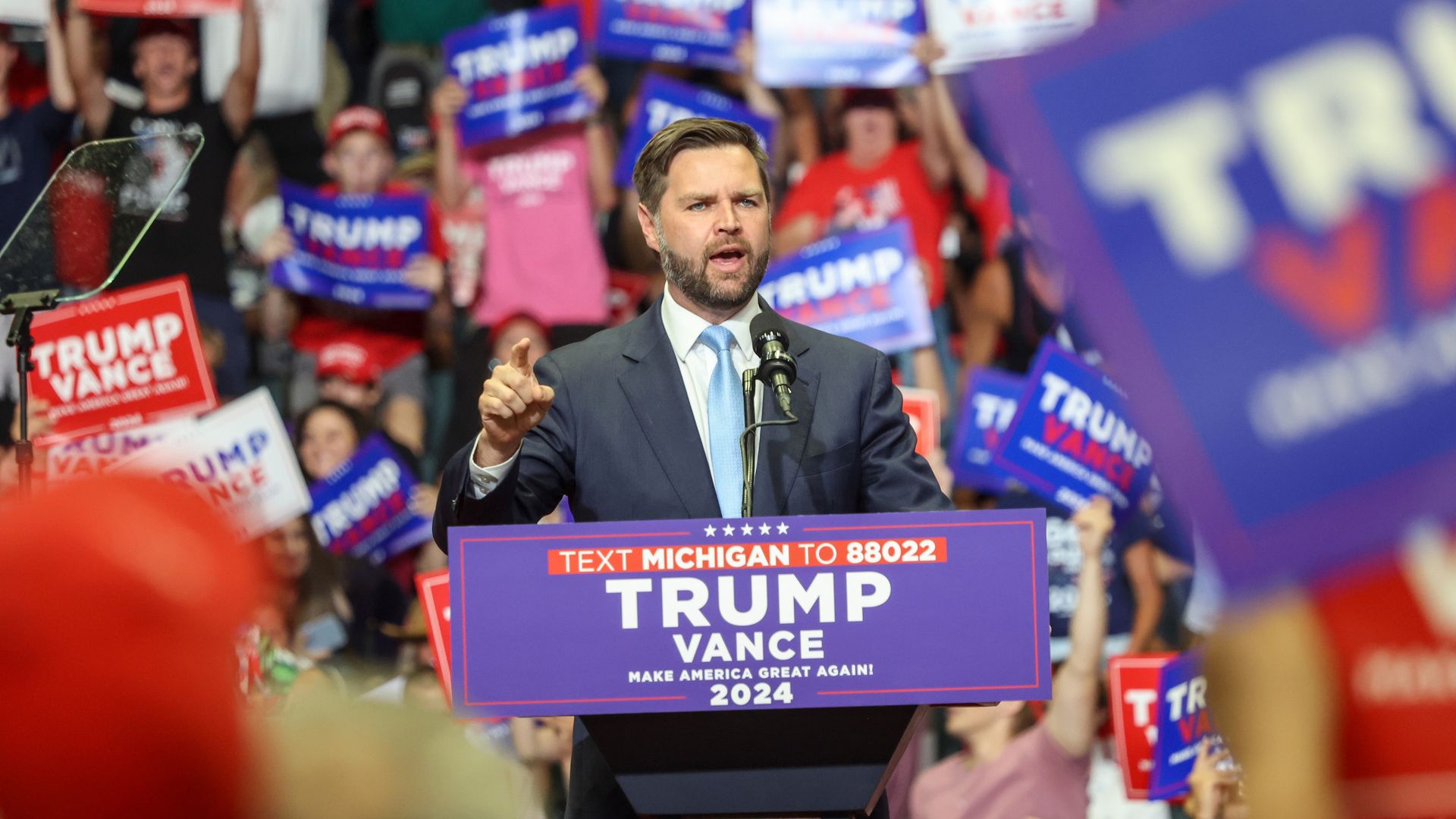 J.D. Vance speaks at a rally in Michigan. 