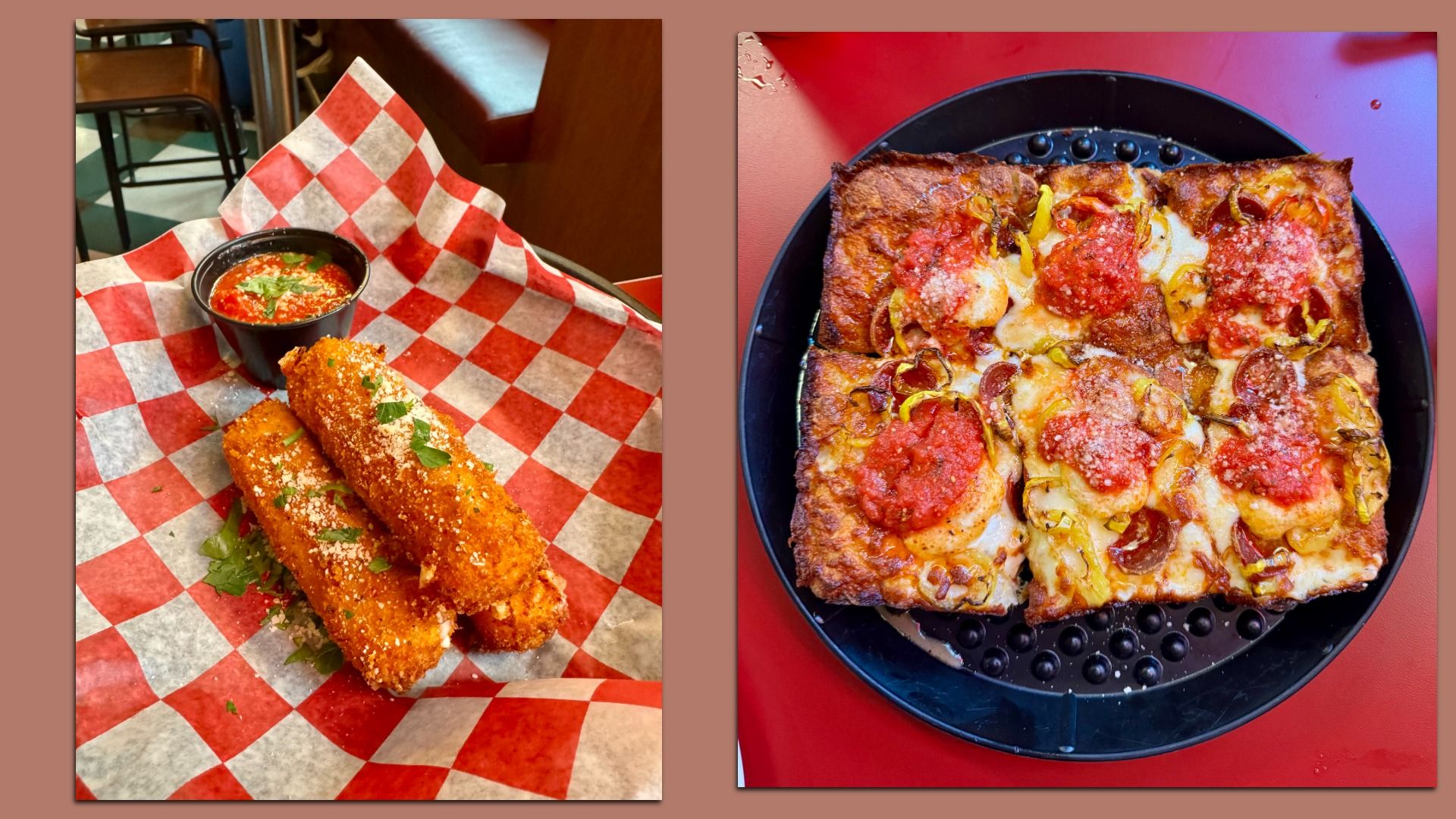 Left: two crispy breaded sticks with marinara in a black cup on red-checkered paper, sprinkled with parsley. Right: square pepperoni pizza with peppers on a dark plate.