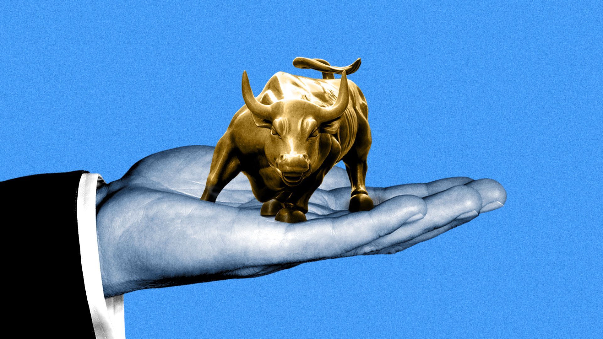 Illustration of suited hand holding the Wall Street bull