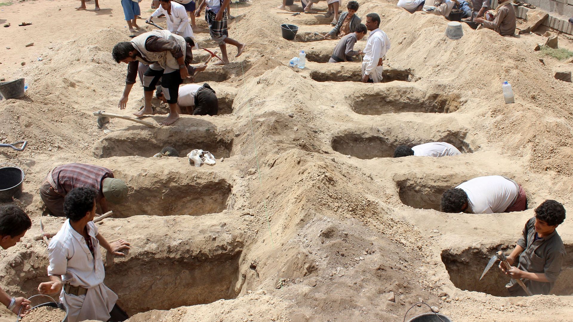 Multiple graves dug next to each other. 