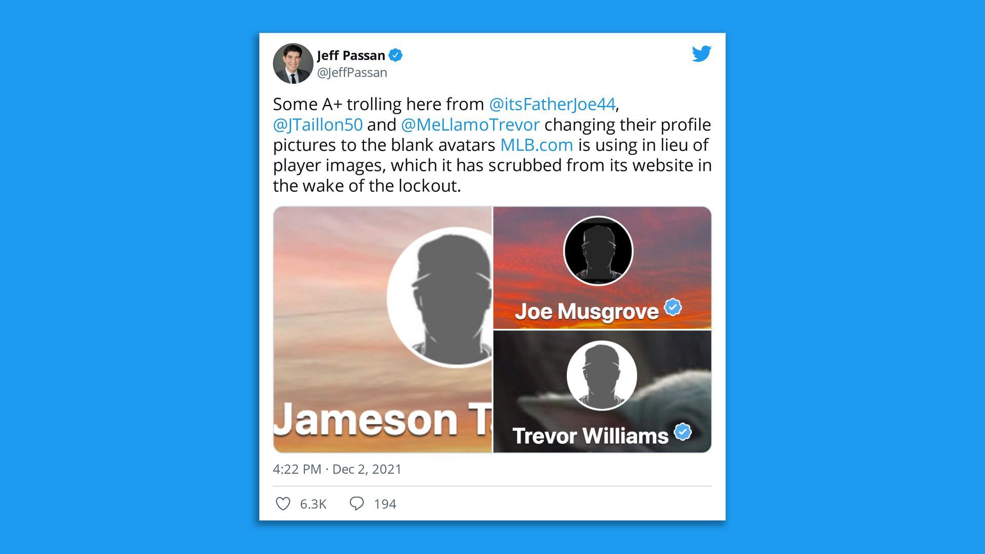 Image of a tweet from Jeff Passan of MLB players changing their profile pictures to blank avatars.