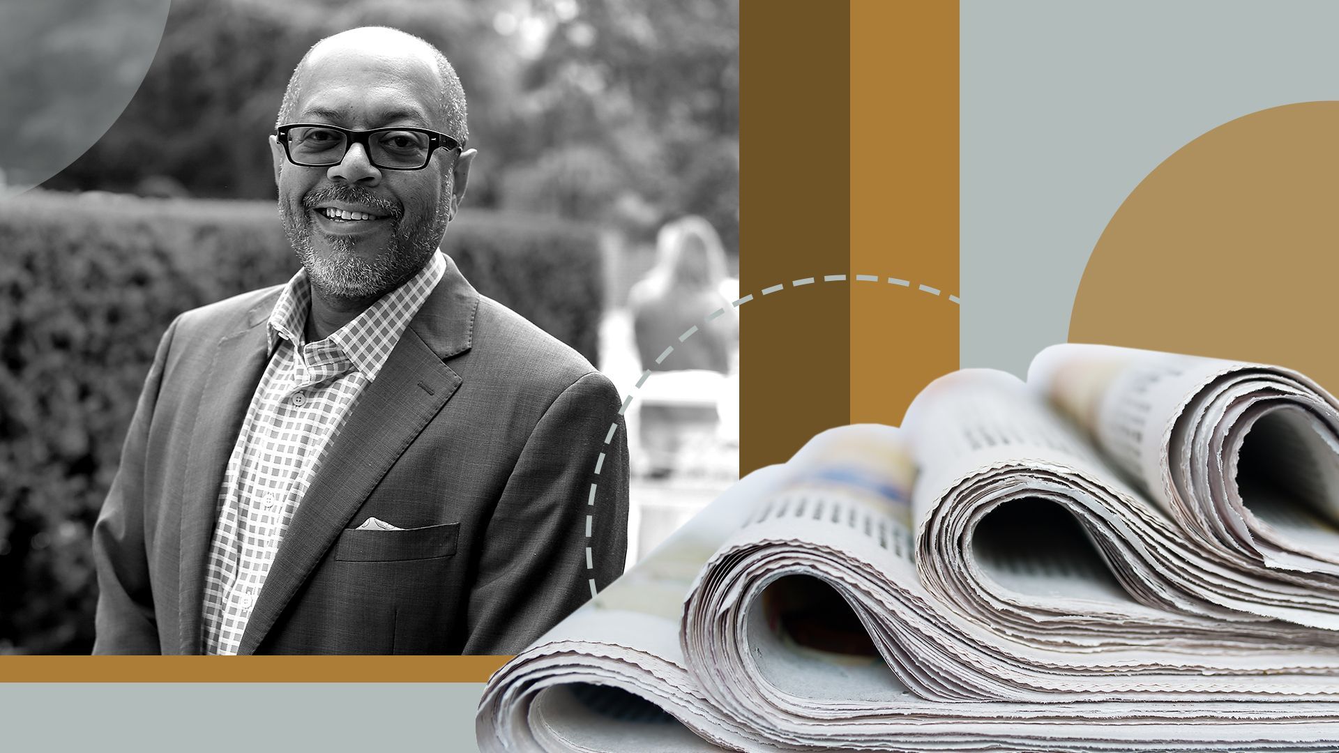 Photo illustration of Kevin Merida, LA Times editor, next to a large stack of newspapers, and surrounded by graphic shapes