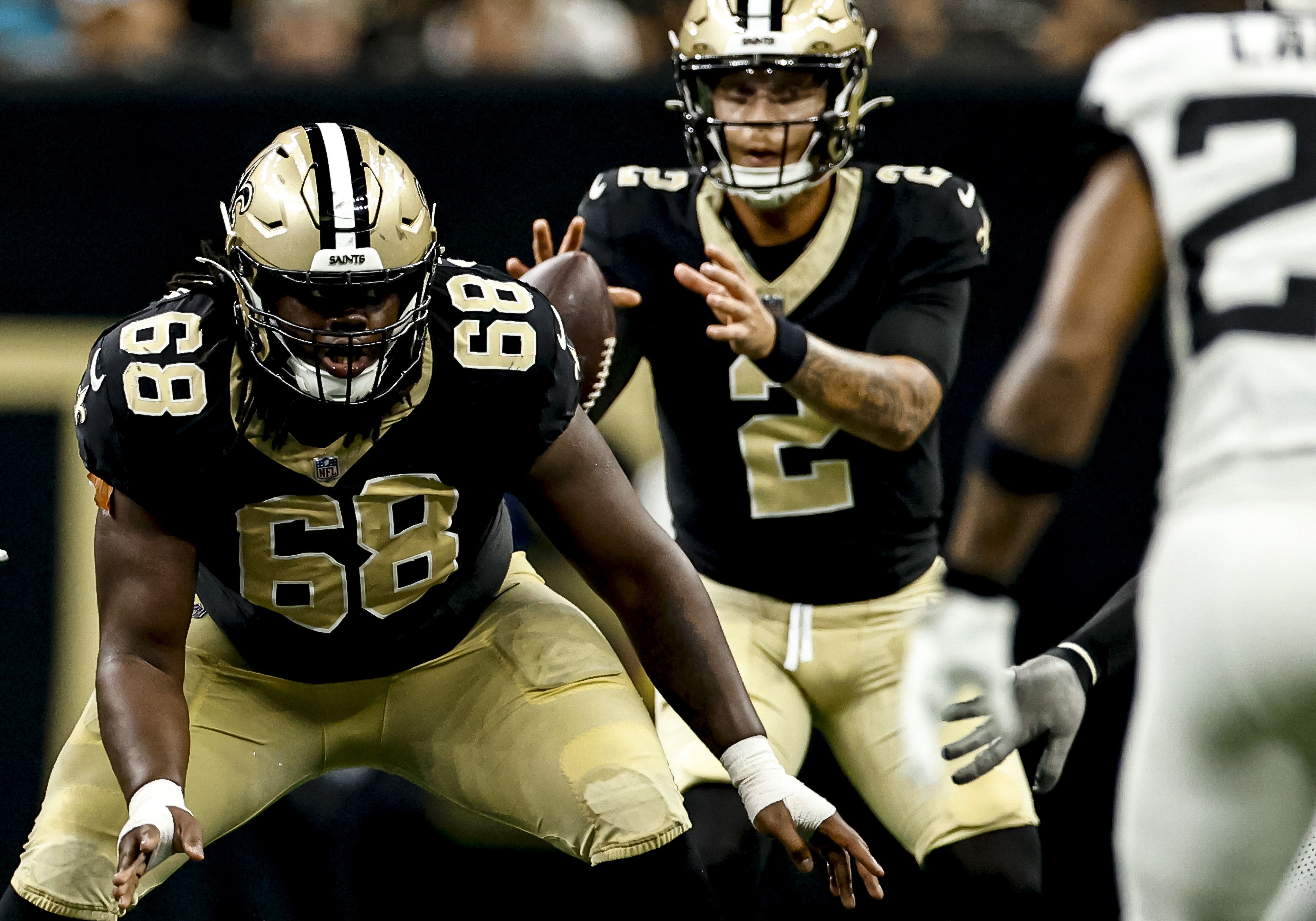 Torricelli Simpkins III #68 of the New Orleans Saints plays against the Jacksonville Jaguars during the second half of a preseason game at the Caesars Superdome on August 17, 2025 in New Orleans, Louisiana.