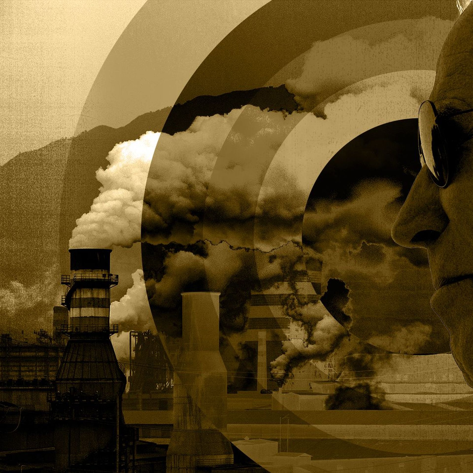 Photo illustration of President Biden with abstract shapes and image of smokestacks.