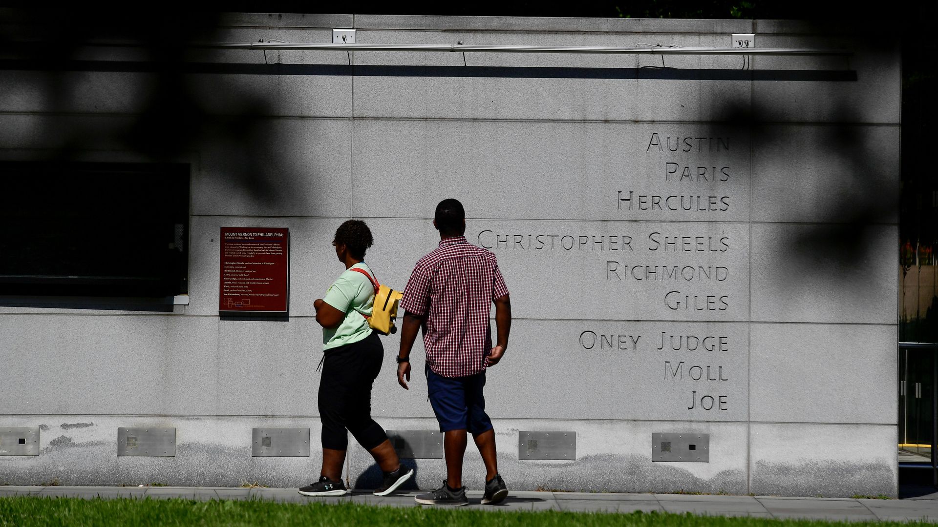 The names of enslaved people who lived in the President's House are carved into a monument in Independence National Park on August 9, 2025 in PhiladelphiA.