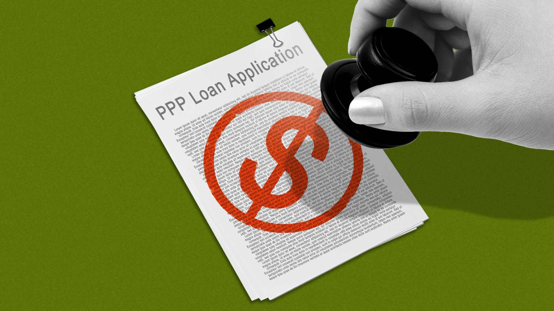 Illustration of a PPP loan application with a "no stamp" with a dollar sign on it