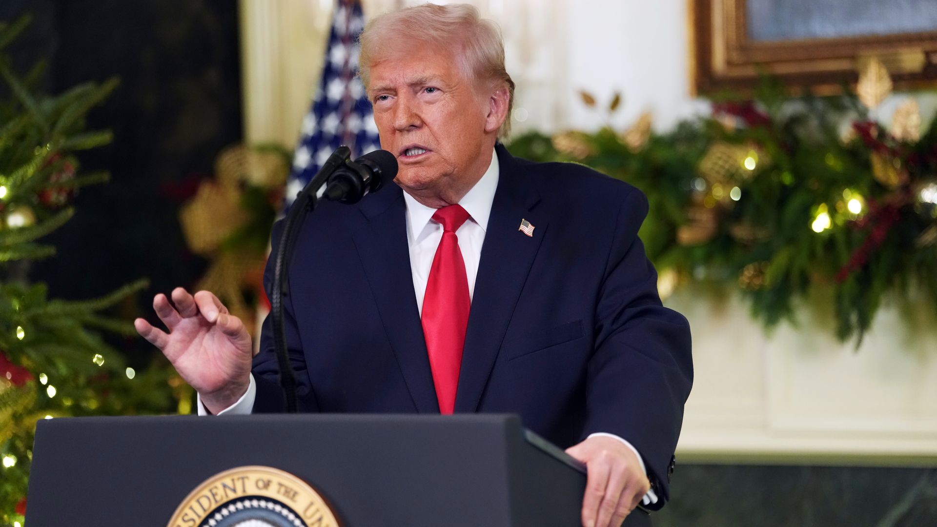 U.S. President Donald Trump addresses the nation from the Diplomatic Room of the White House on December 17, 2025 in Washington, DC. 