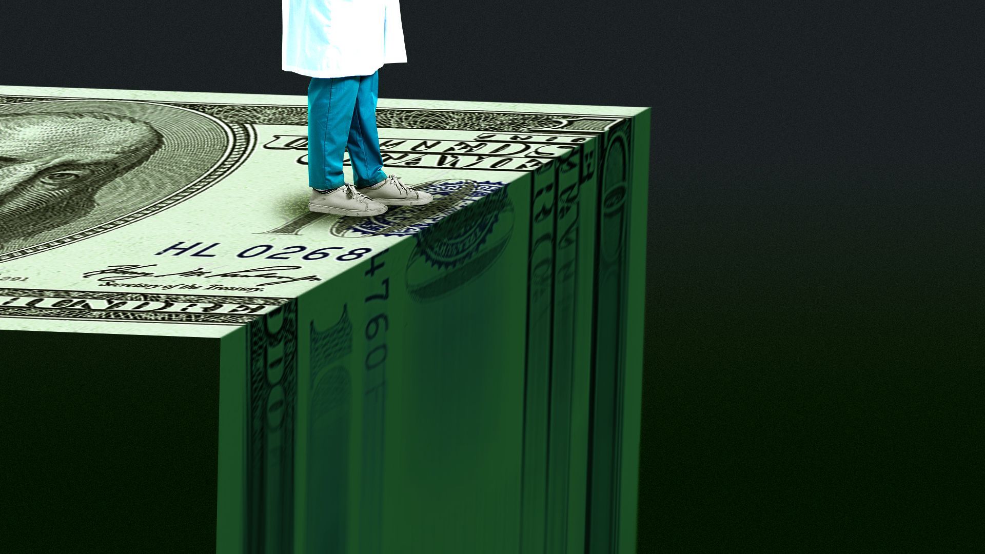 Illustration of a doctor in a white coat and scrubs standing at the end of a cliff formed by a large one hundred dollar bill which is laid flat then descends downward abruptly like a waterfall