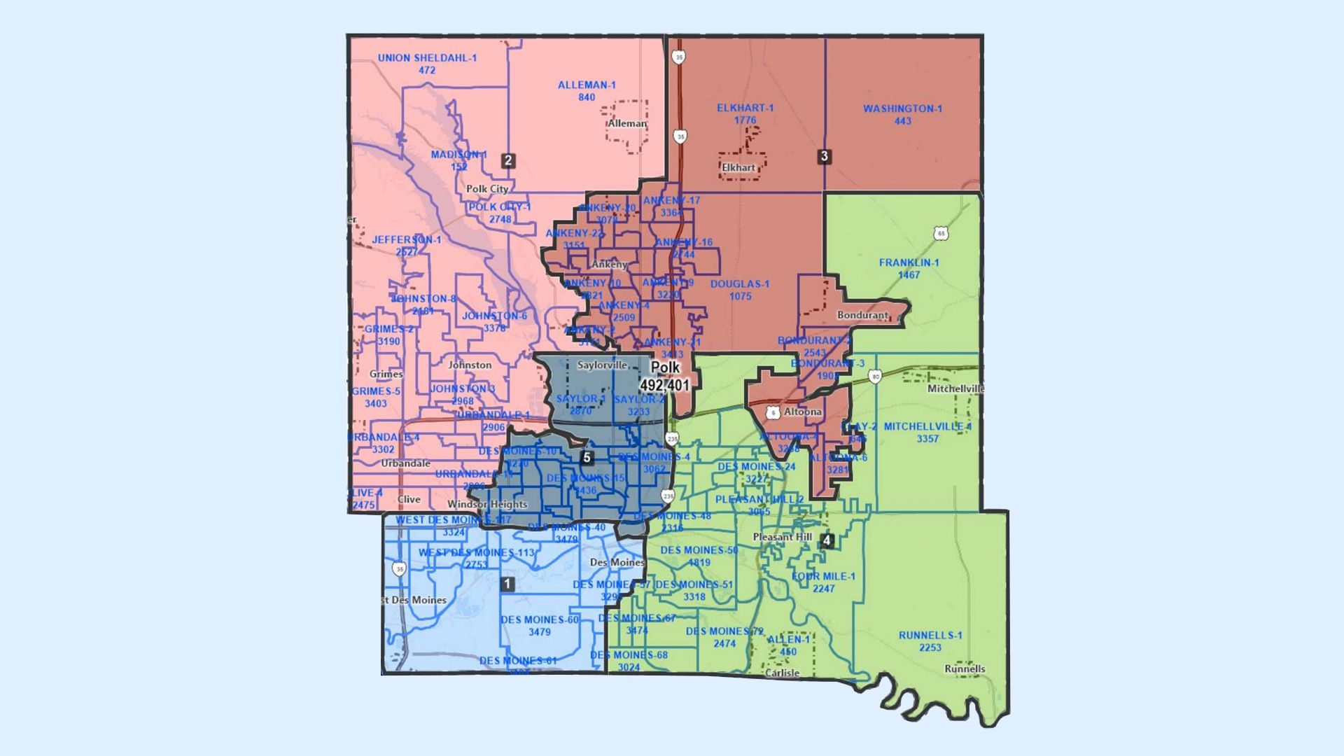 A map showing proposed boundaries for Polk County supervisor districts.
