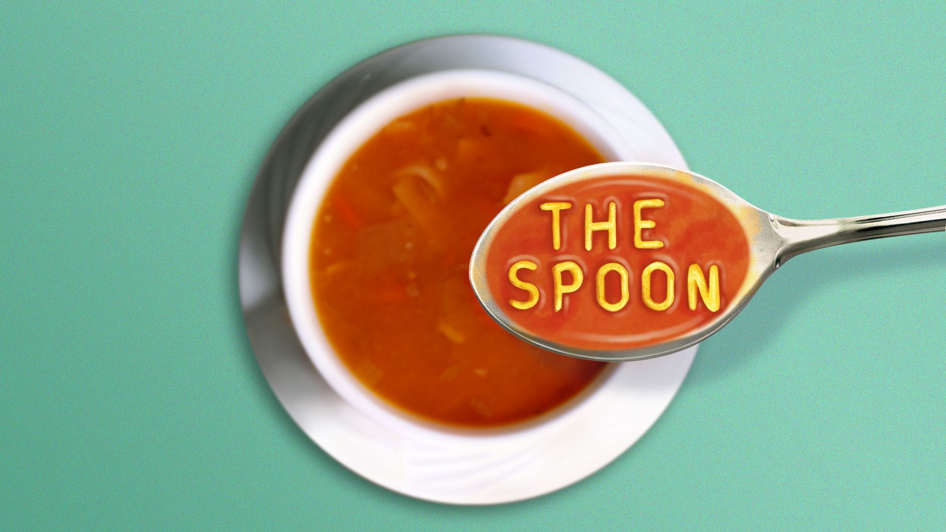 Illustration of a spoon of alphabet soup spelling out "The Spoon"