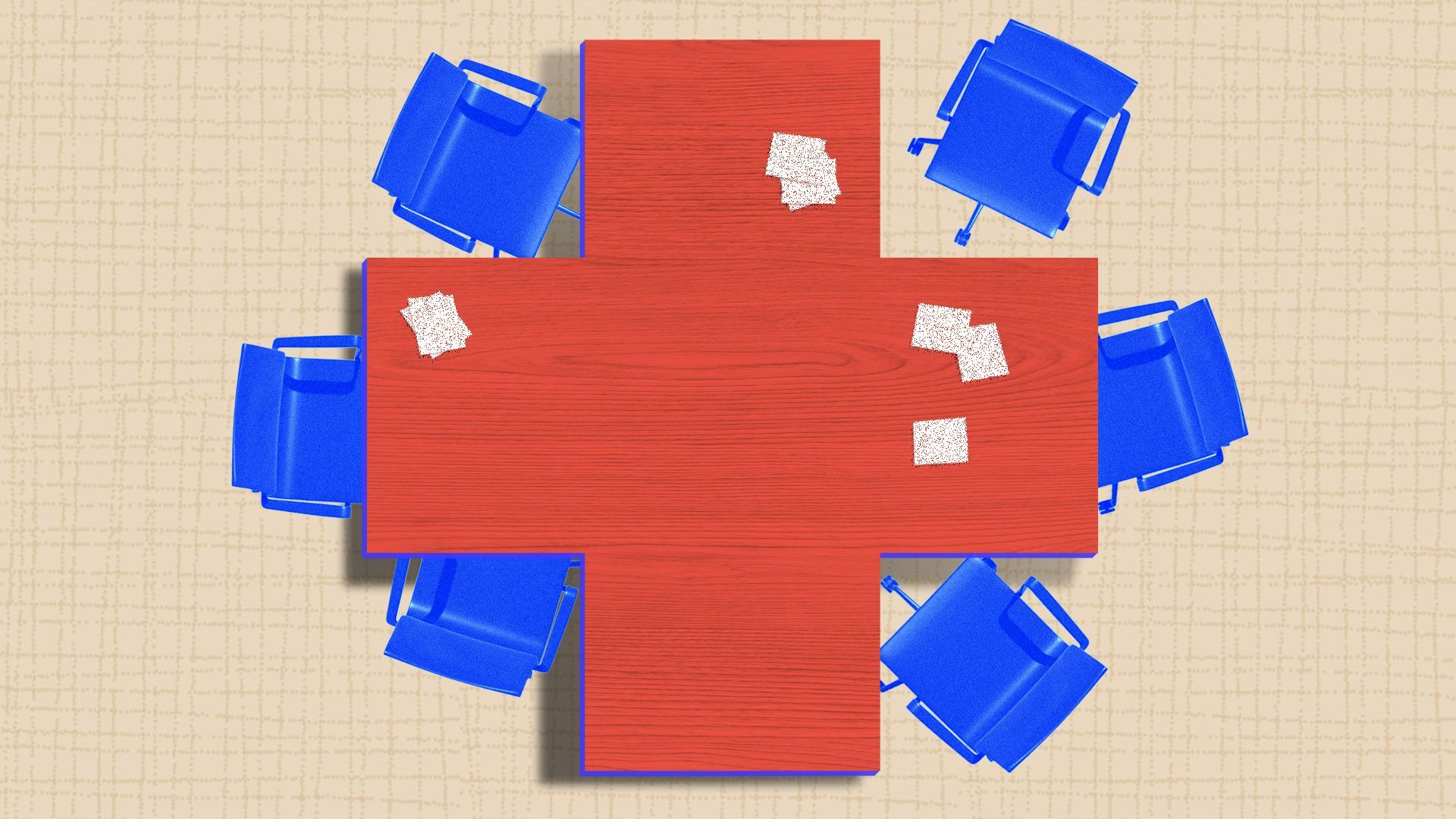 Illustration of a conference table shaped like a red cross with chairs around it