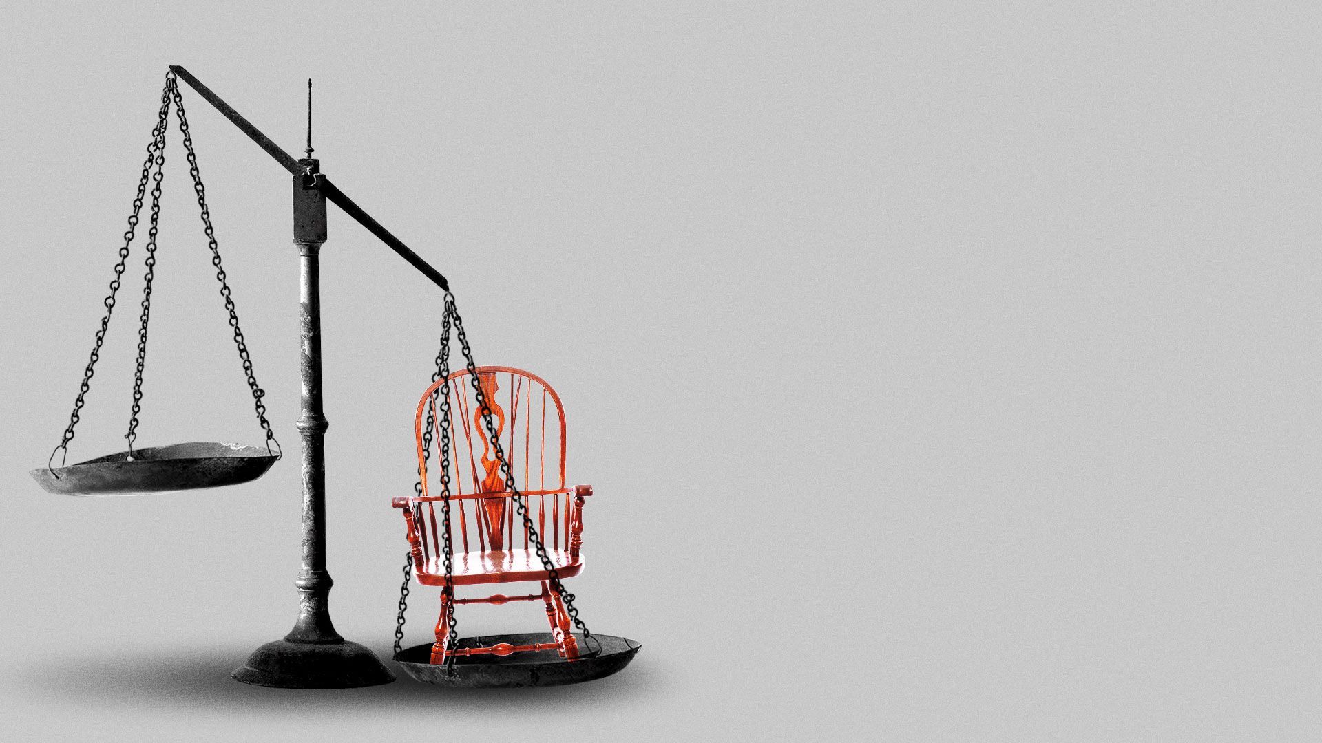 Illustration of scales of justice with a Supreme Court chair weighing one side down