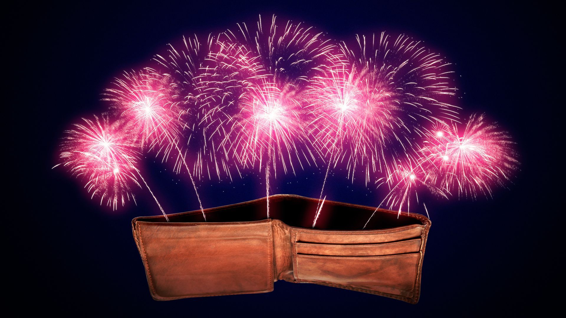 Illustration of fireworks launching from inside an open wallet