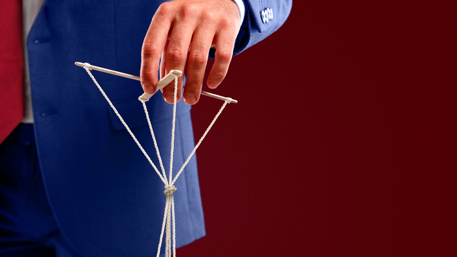 Illustration of a person resembling Donald Trump holding tangled marionette strings. 