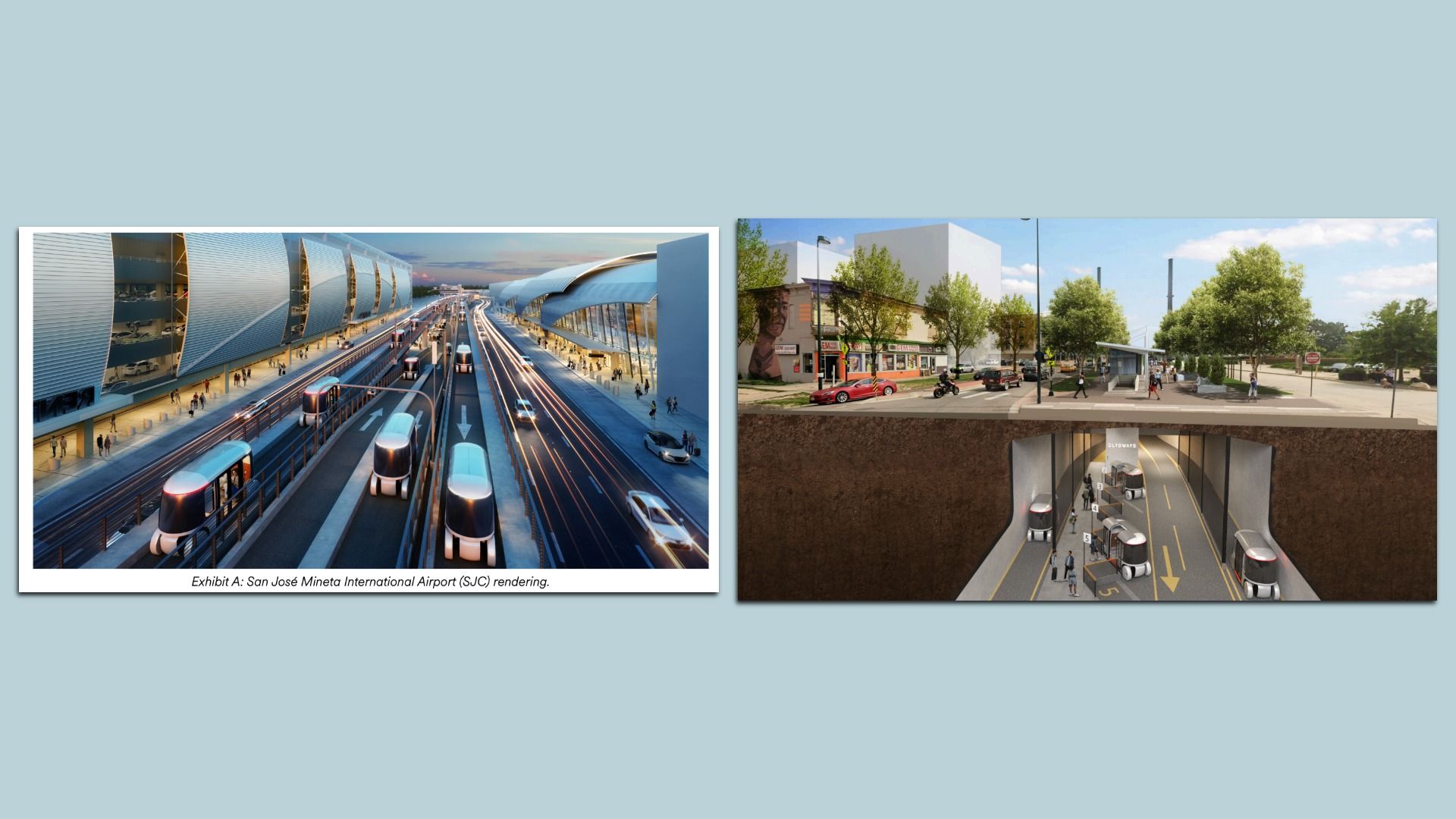 Two renderings: left, futuristic autonomous vehicles on multiple lanes at San José Mineta Airport at dusk; right, daytime street scene with buildings and underground tunnel with pod vehicles boarding.