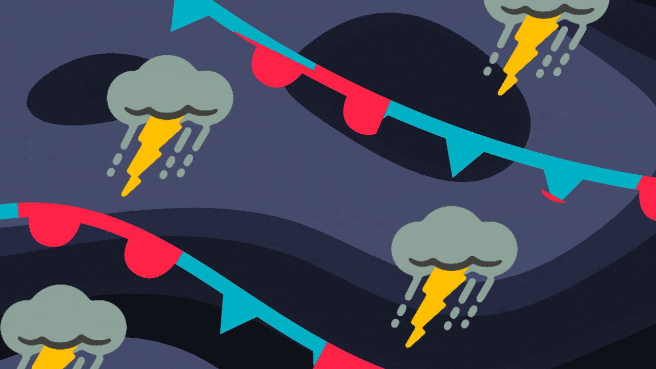 Animated illustration of a weather map with rain clouds and lightning, cold and warm front symbols, and changing background colors.