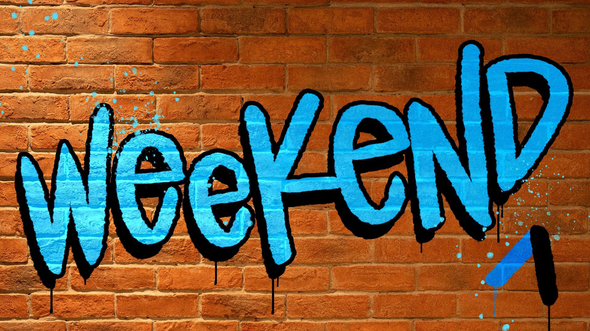 Illustration of "Weekend" in graffiti on a brick wall. 