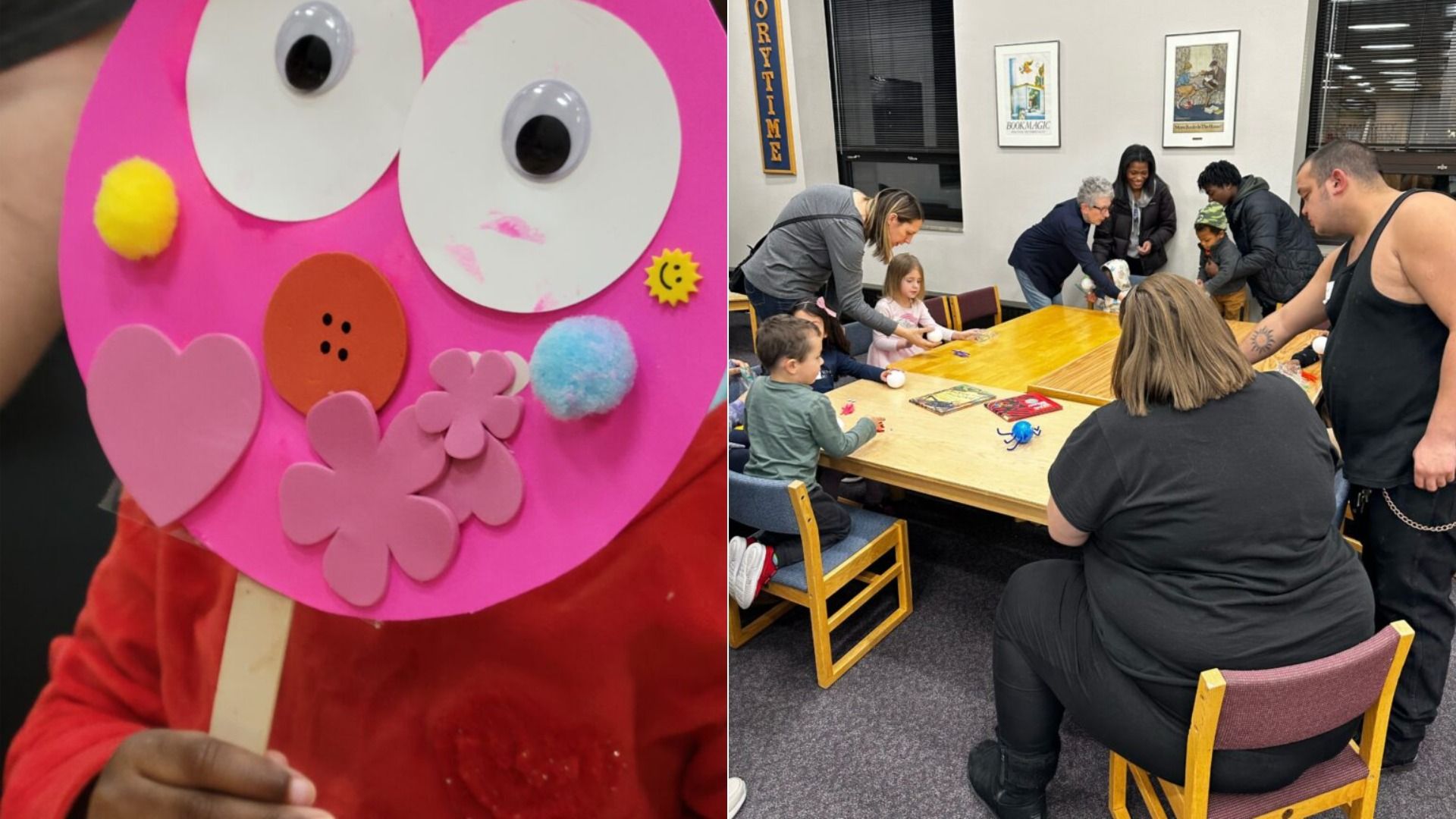 A kid holding up a mask and reading around a table