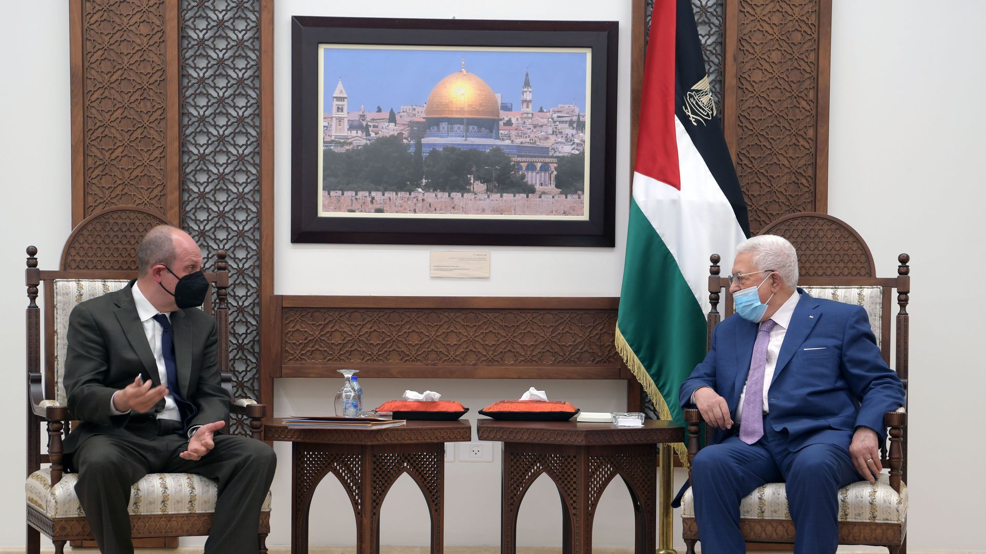 Hady Amr (L) with PA President Mahmoud Abbas. Photo: Palestinian Presidency/Handout/Anadolu Agency via Getty