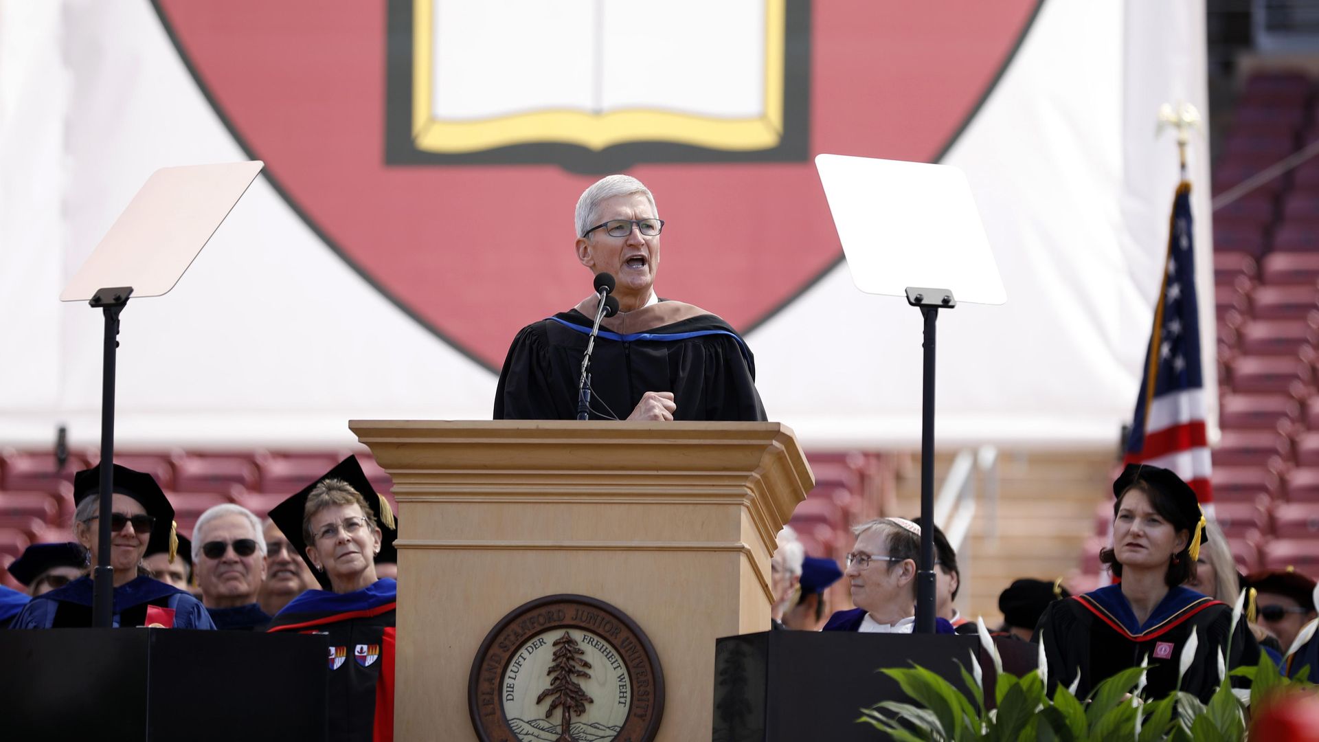 Photo of Tim Cook giving commencement speech at Stanford