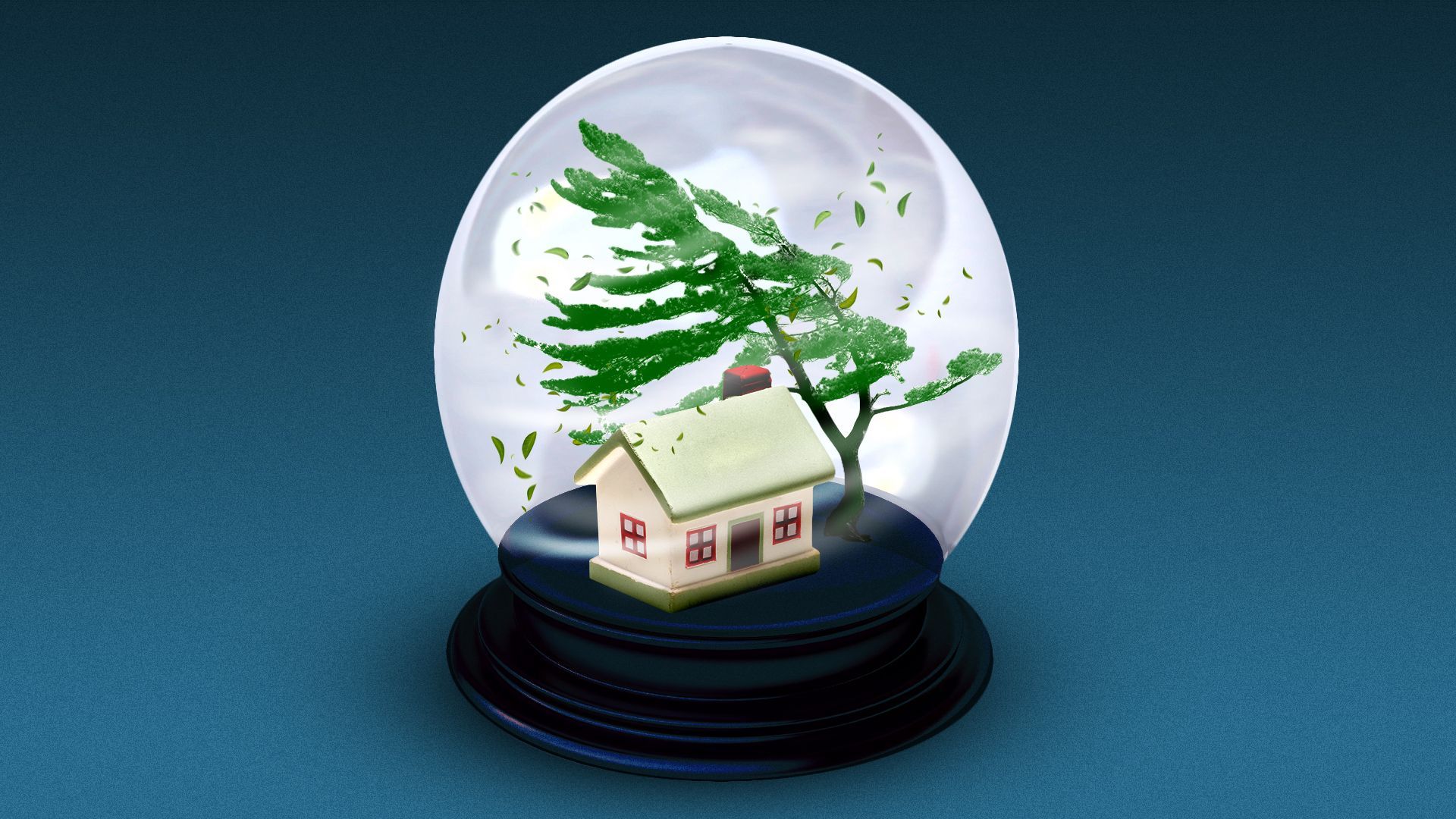 Illustration of a snow globe filled with a windswept house and tree