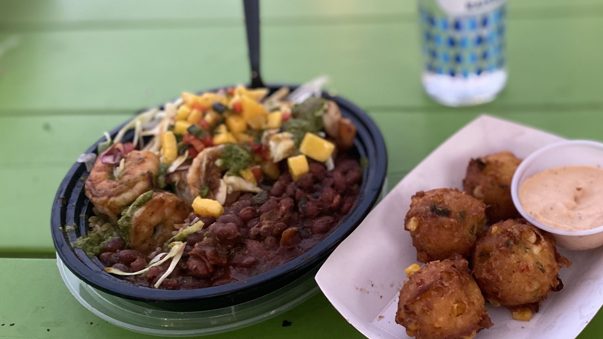 Coconut shrimp and corn fritters at Nyam