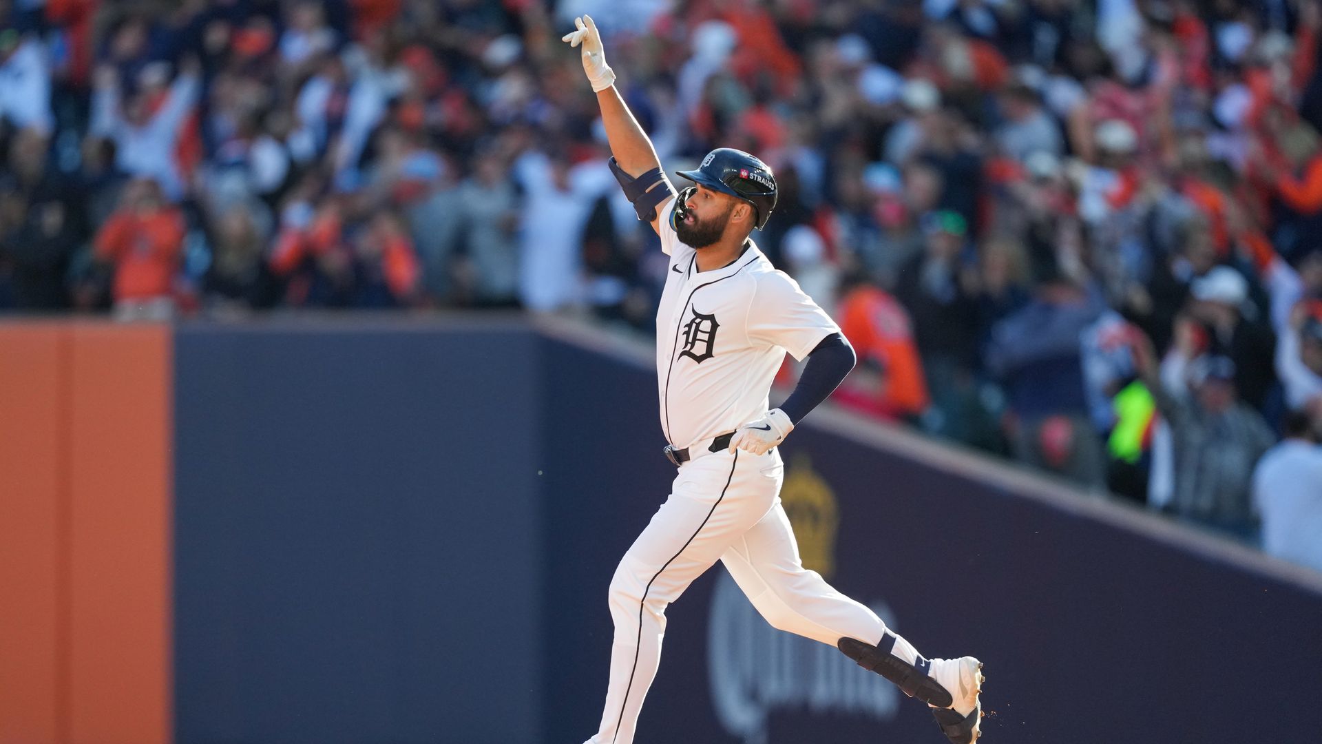 Riley Greene celebrates his solo home run in the sixth inning yesterday. 