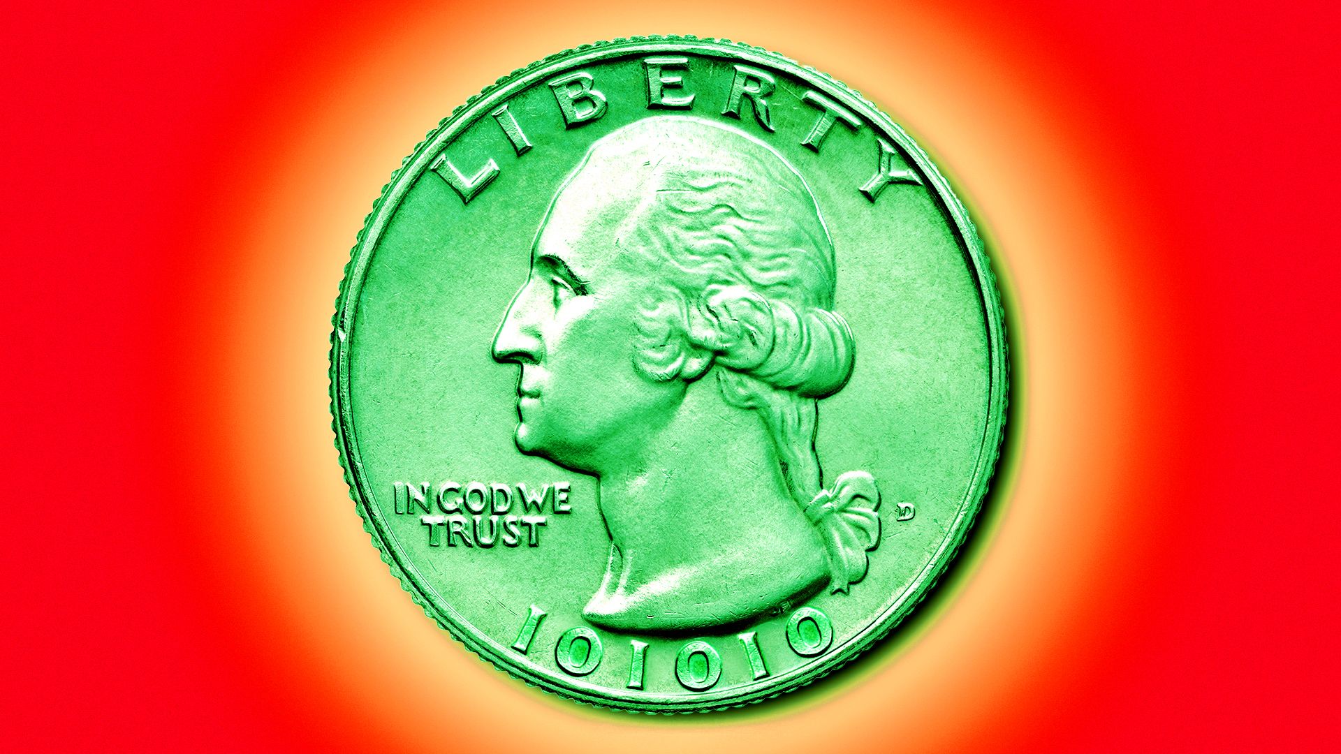 Illustration of a green U.S. quarter coin with binary code in place of a date at the bottom