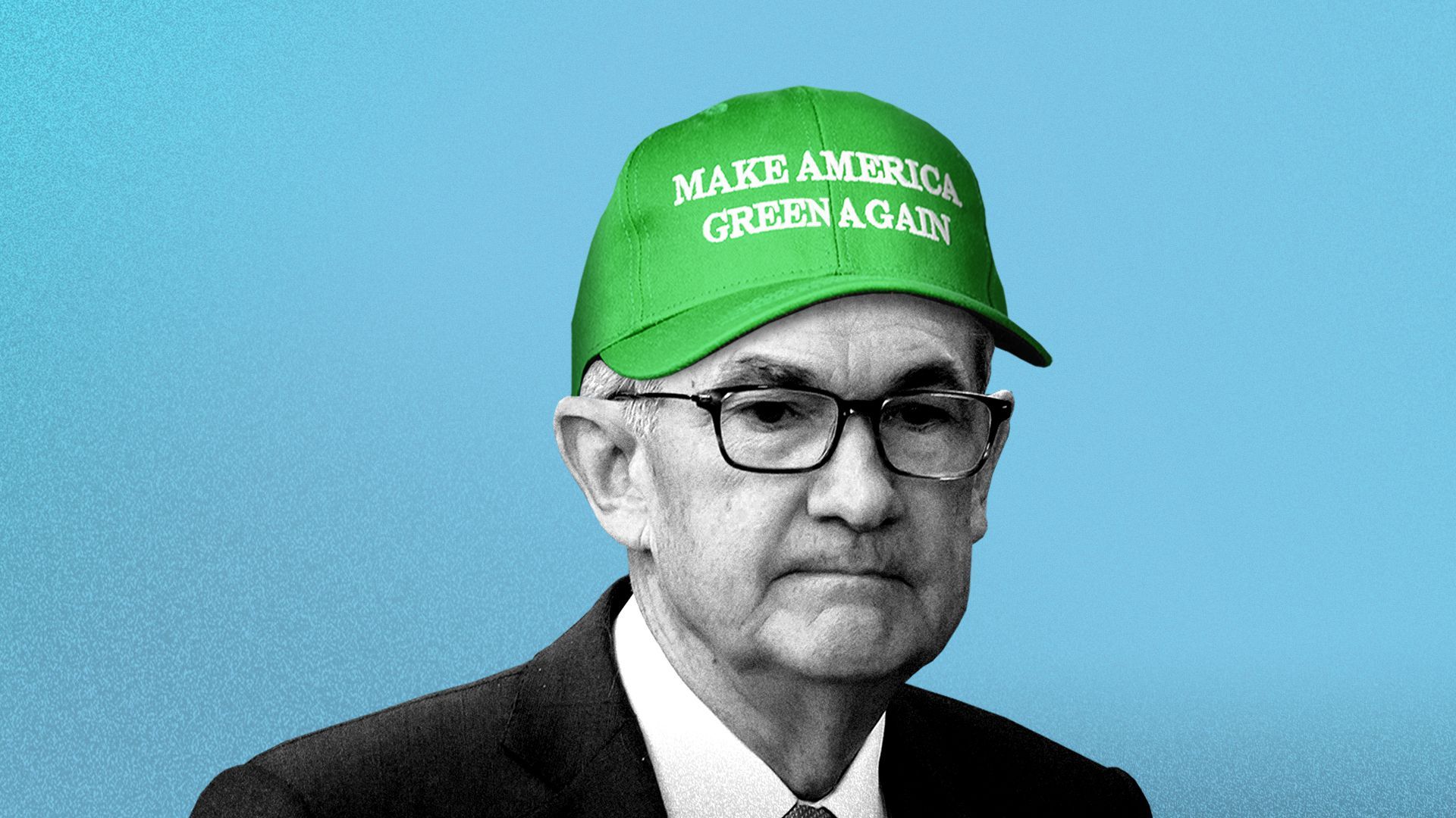 Photo illustration of Jerome Powell wearing a green MAGA hat with the stitched phrase "Make America Green Again" 