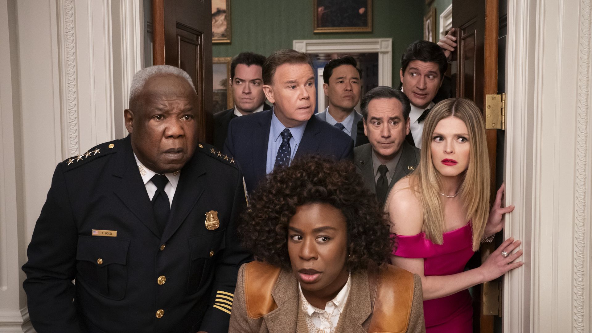 Isiah Whitlock Jr. as Larry Dokes, Dan Perrault as Colin Trask, Spencer Garrett as Wally Glick, Uzo Aduba as Cordelia Cupp, Randall Park as Edwin Park, Andrew Friedman as Irv Samuelson, Ken Marino as Harry Hollinger, Molly Griggs as Lilly Schumacher in episode 101 of The Residence.