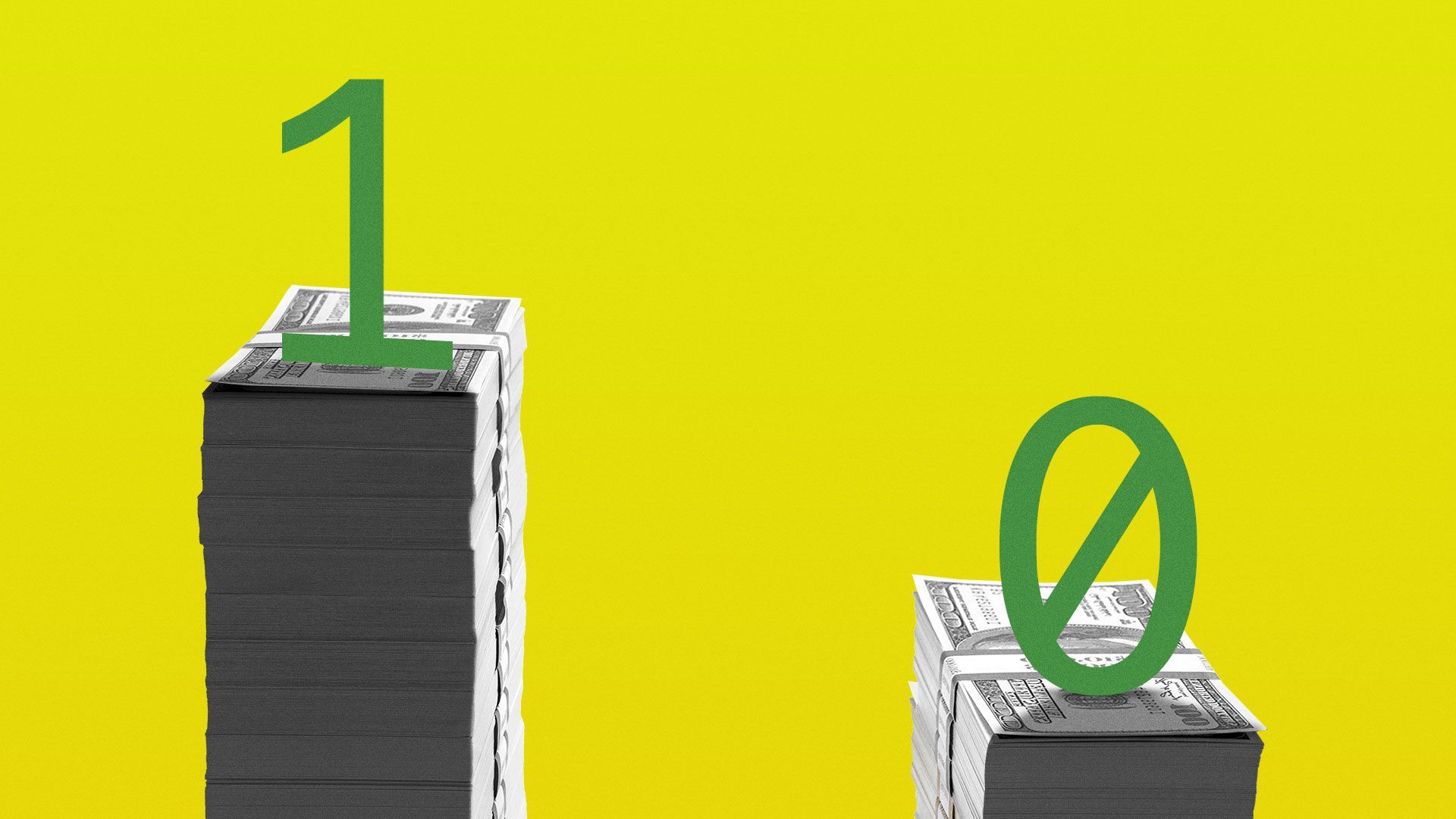Illustration of 1 standing o large stack of money. The 0 is on a smaller stack of money.
