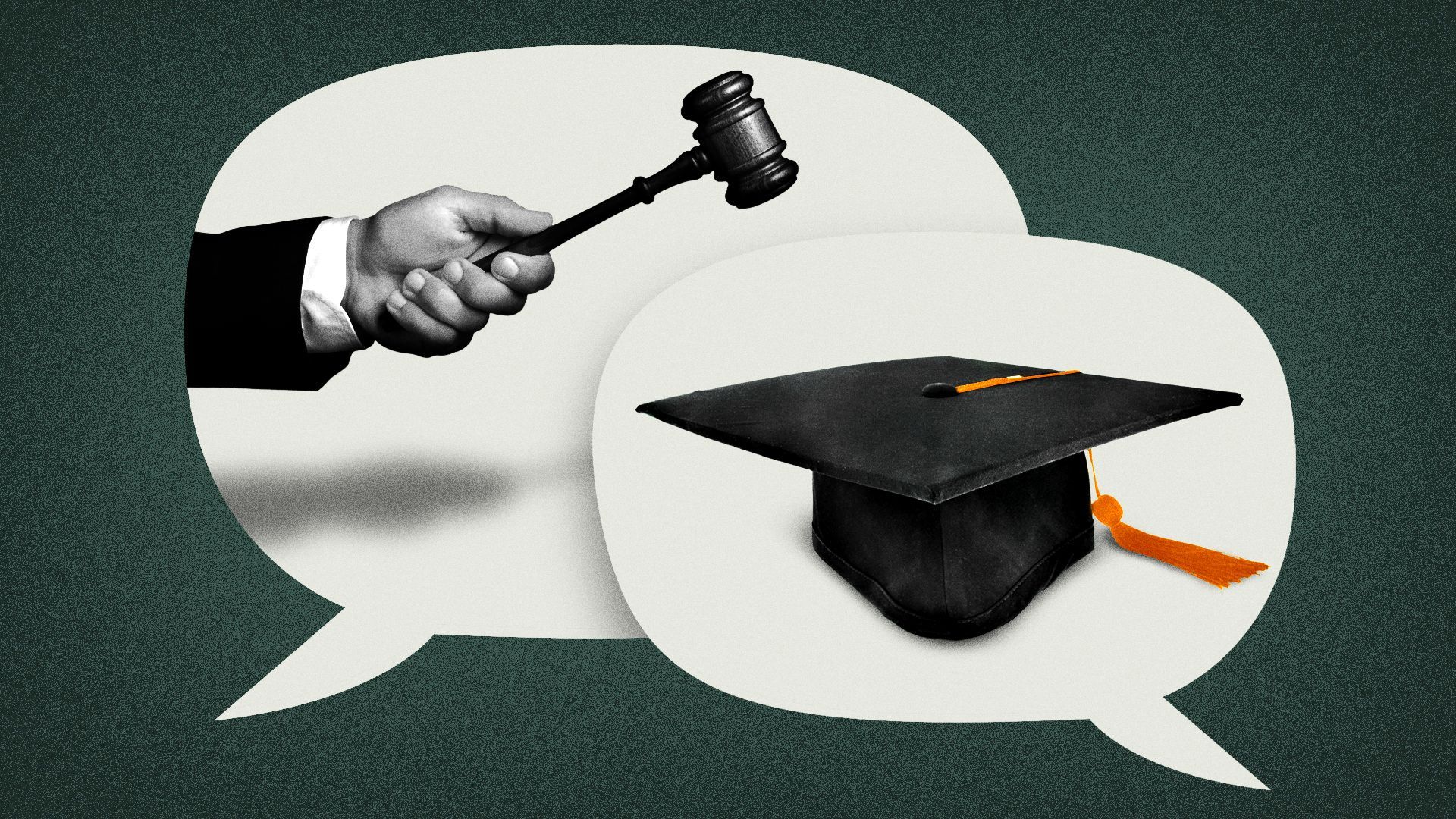 Illustration of a speech bubble with a gavel coming down on a speech bubble with a graduation cap. 