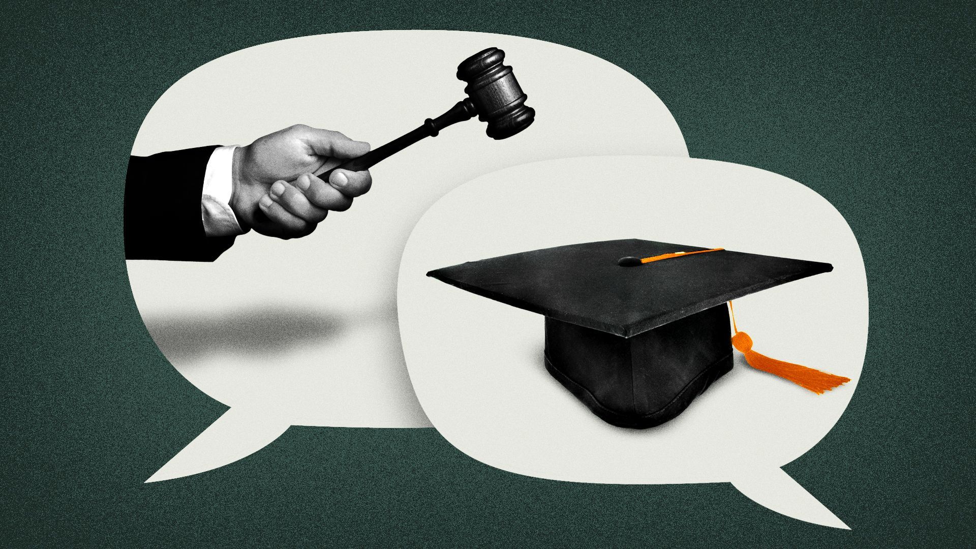 Illustration of a speech bubble with a gavel coming down on a speech bubble with a graduation cap.