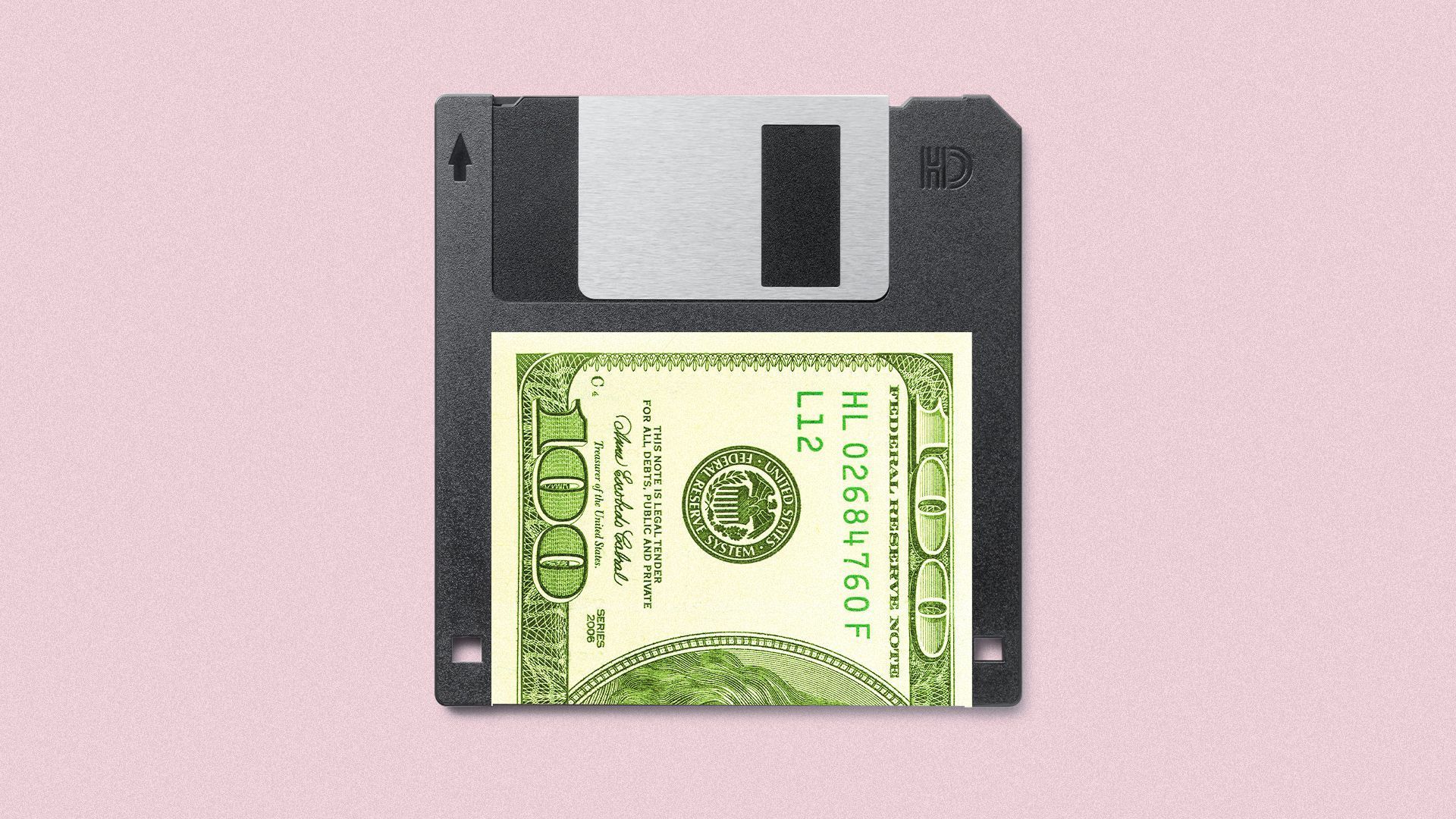 Illustration of a floppy disk with a dollar bill.